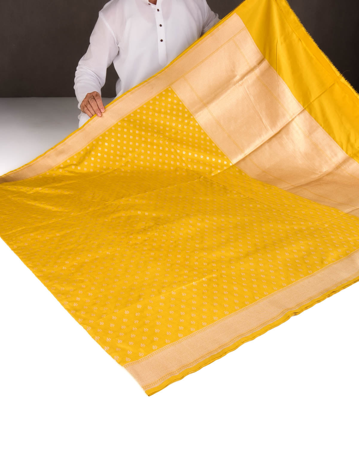 Mustard Yellow Gold Zari Buti Cutwork Brocade Handwoven Katan Silk Banarasi Saree-HolyWeaves