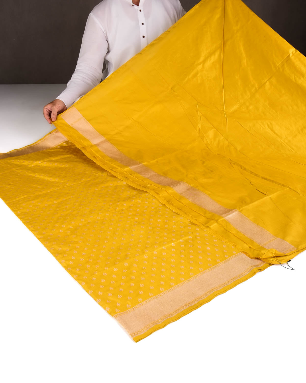 Mustard Yellow Gold Zari Buti Cutwork Brocade Handwoven Katan Silk Banarasi Saree-HolyWeaves