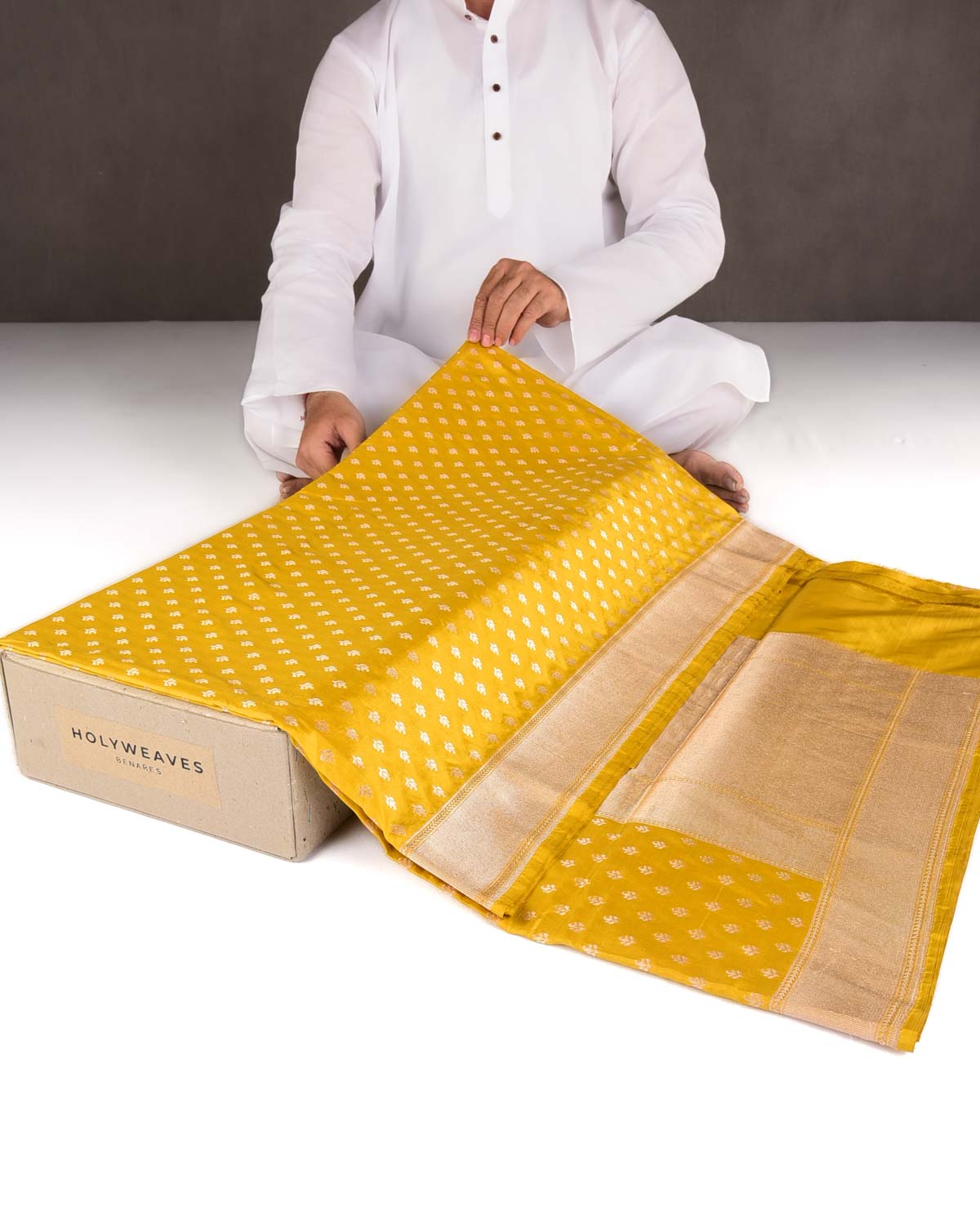 Mustard Yellow Gold Zari Buti Cutwork Brocade Handwoven Katan Silk Banarasi Saree-HolyWeaves
