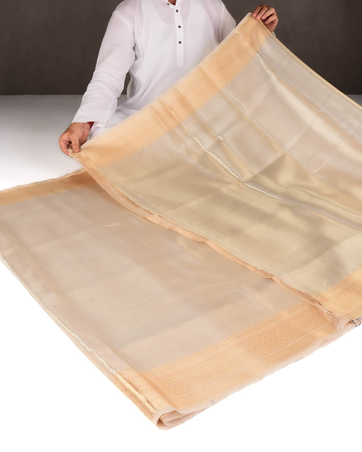 Cream Gold & Silver Zari Contemporary Brocade Woven Kora Tissue Banarasi Saree-HolyWeaves