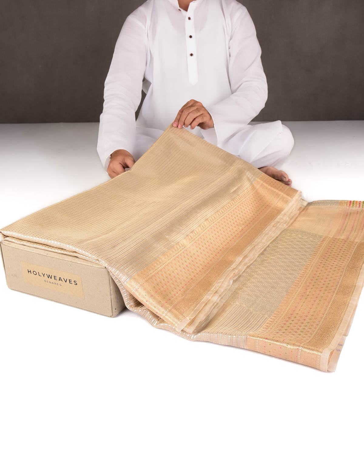 Cream Gold & Silver Zari Contemporary Brocade Woven Kora Tissue Banarasi Saree-HolyWeaves