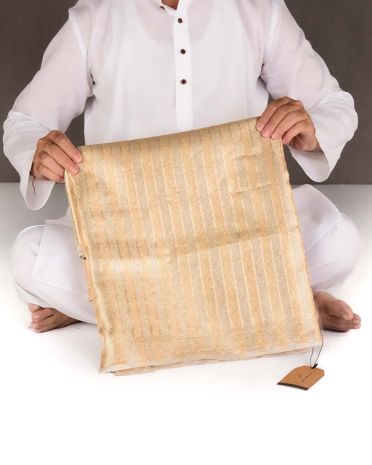 Cream Gold & Silver Zari Ornament Stripes Brocade Woven Kora Tissue Banarasi Saree-HolyWeaves