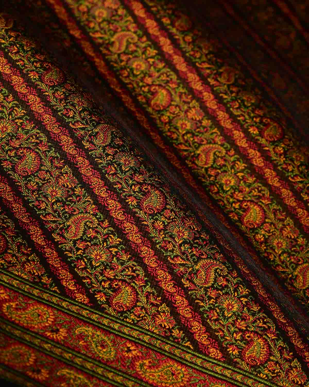 Black Satin Tanchoi Aada Paisley Jamawar Handwoven Katan Silk Banarasi Saree-HolyWeaves