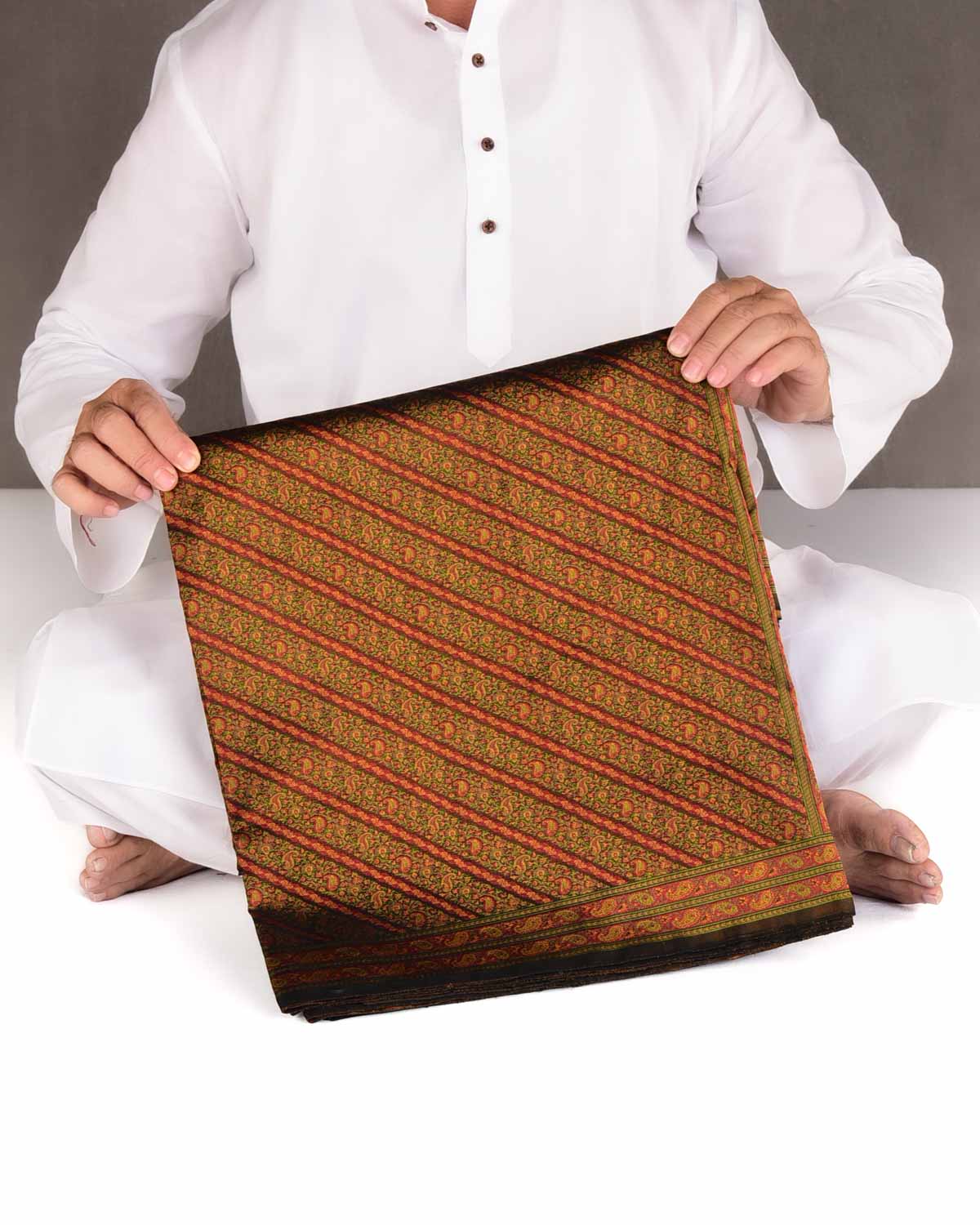 Black Satin Tanchoi Aada Paisley Jamawar Handwoven Katan Silk Banarasi Saree-HolyWeaves