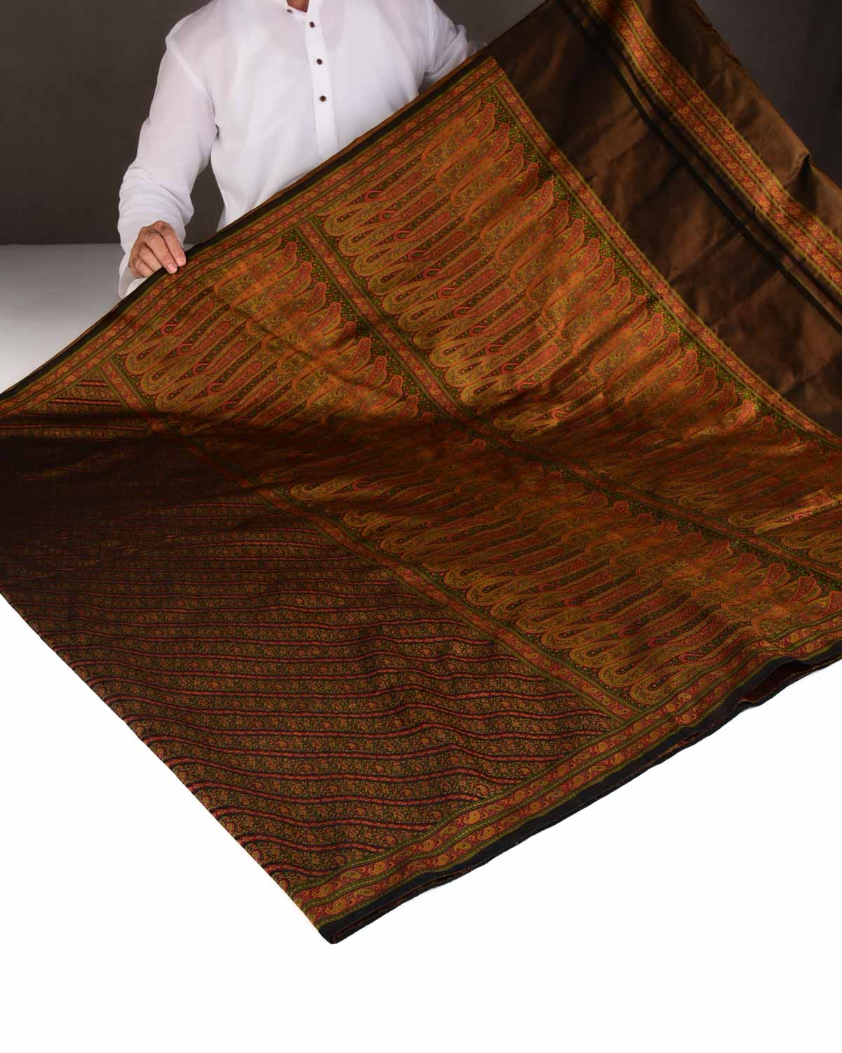 Black Satin Tanchoi Aada Paisley Jamawar Handwoven Katan Silk Banarasi Saree-HolyWeaves