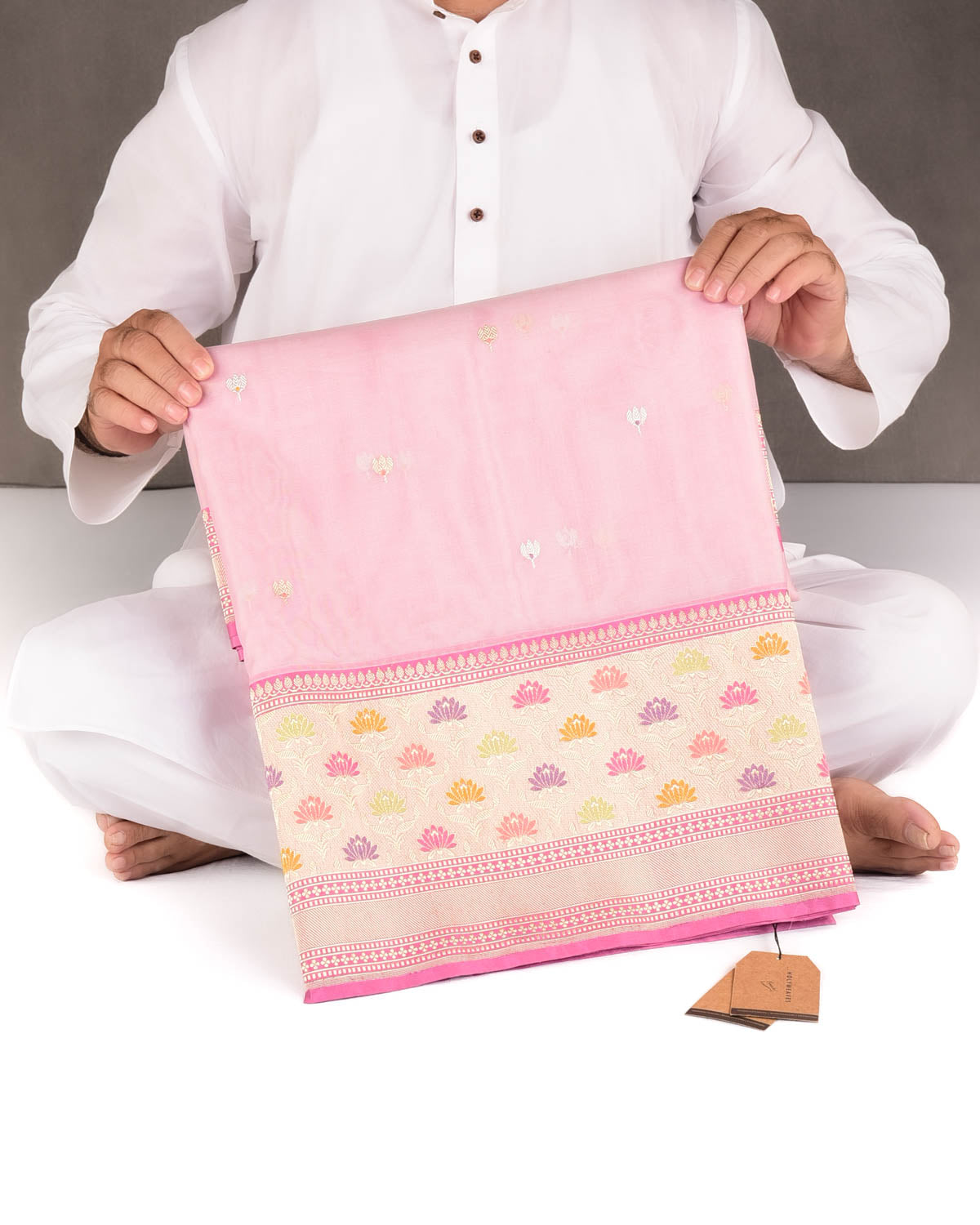 Rose Pink Gold & Silver Zari & Resham Kamal Buti Kadhuan Brocade Handwoven Kora Silk Banarasi Saree with Meenekari Border Pallu