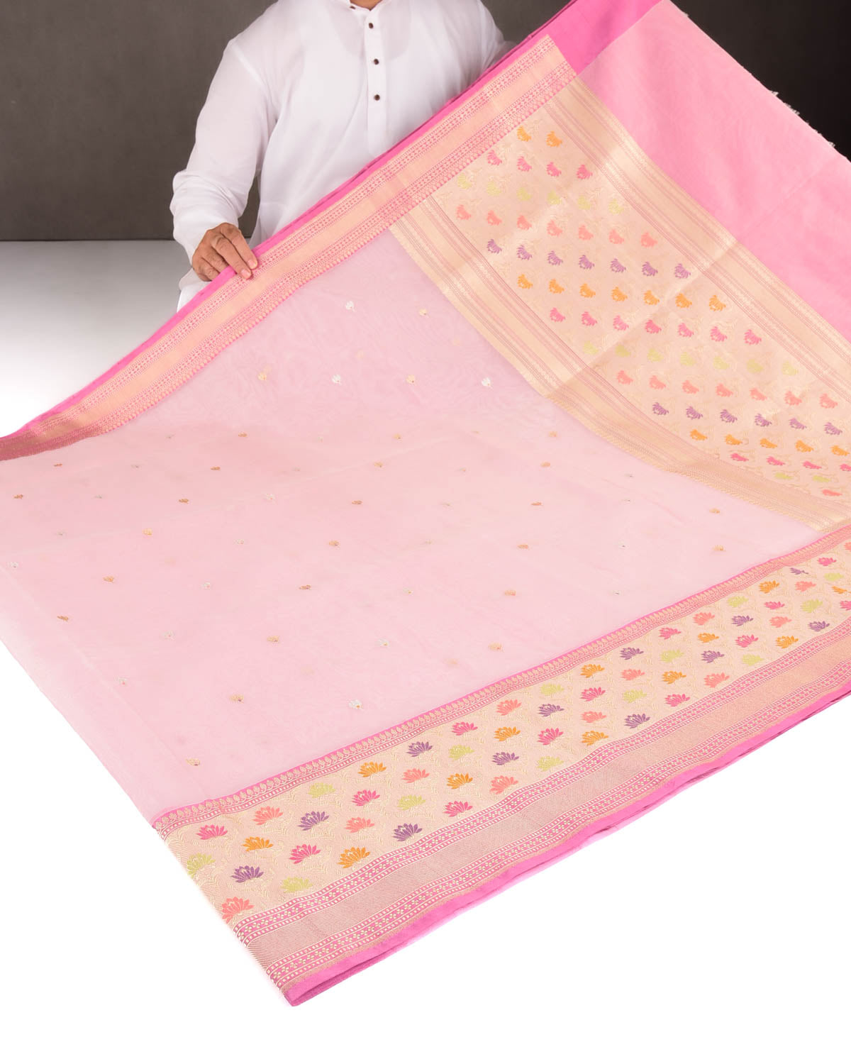 Rose Pink Gold & Silver Zari & Resham Kamal Buti Kadhuan Brocade Handwoven Kora Silk Banarasi Saree with Meenekari Border Pallu