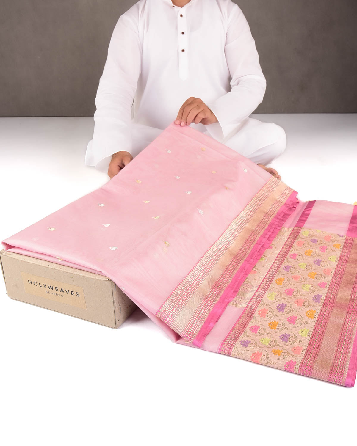 Rose Pink Gold & Silver Zari & Resham Kamal Buti Kadhuan Brocade Handwoven Kora Silk Banarasi Saree with Meenekari Border Pallu