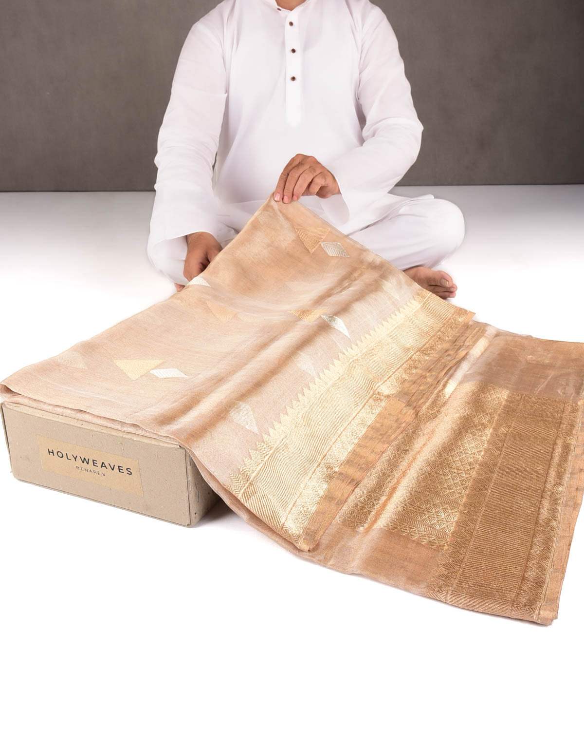 Metallic Gold Gold & Silver Zari Deepak Buta Kadhuan Brocade Handwoven Tissue Banarasi Saree-HolyWeaves