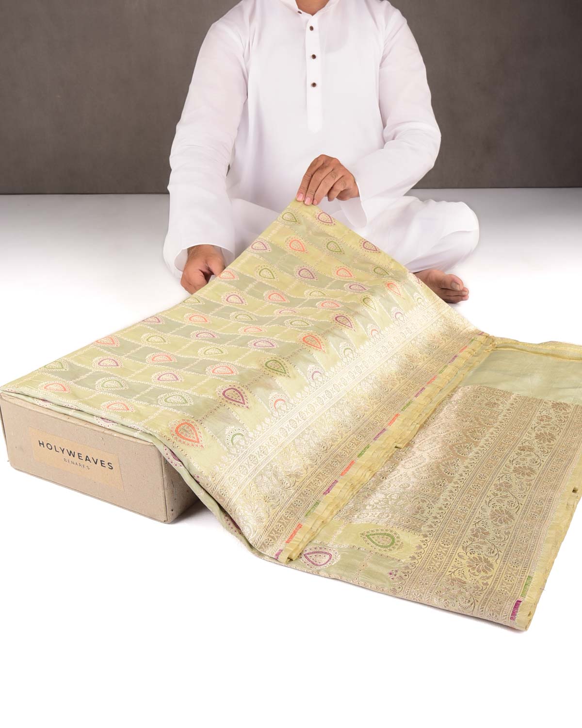Variegated Laurel Green Gold Zari & Meenekari Cutwork Brocade Handwoven Katan Silk Banarasi Saree-HolyWeaves