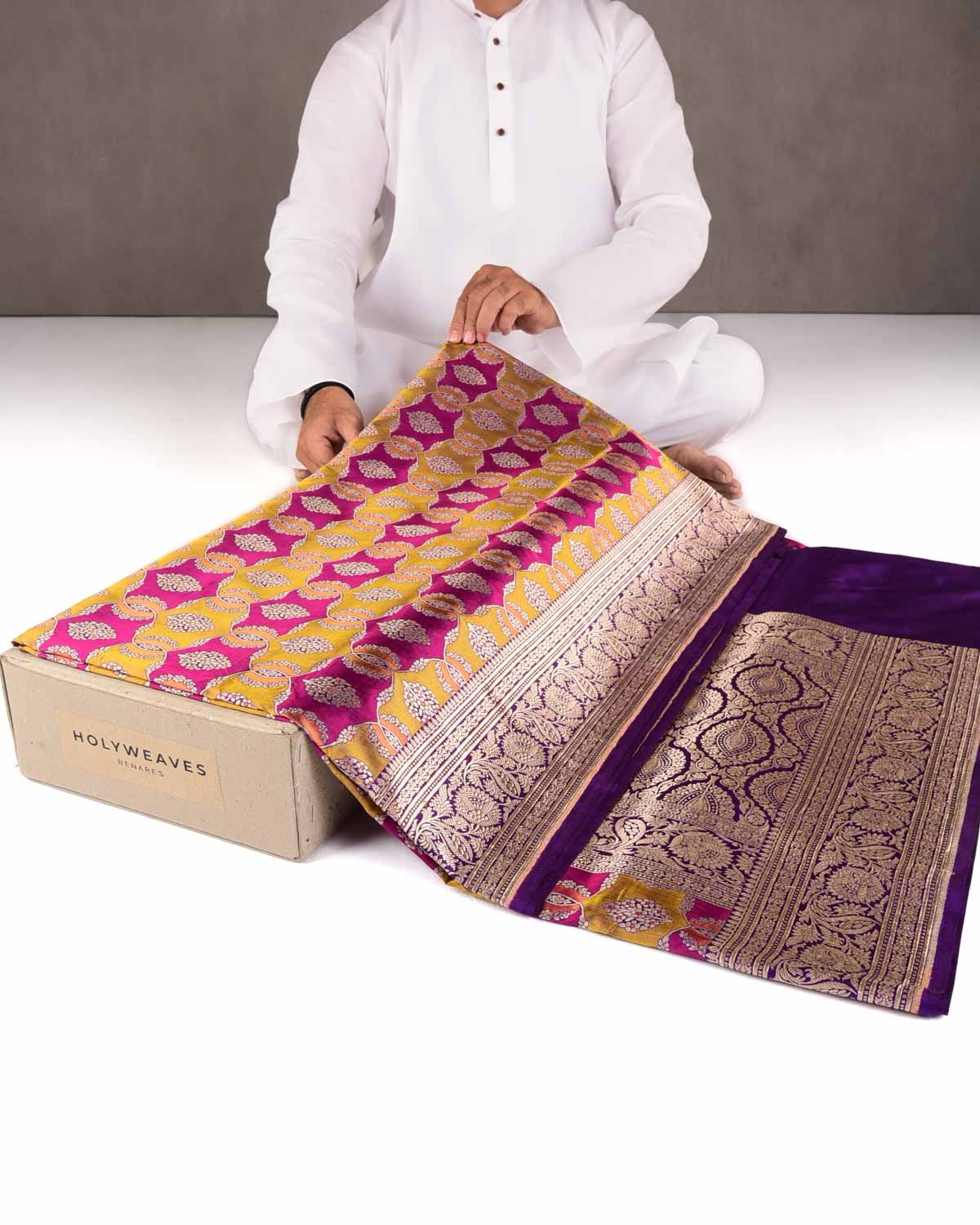 Purple Multi-color Rangkaat Style Gold Zari Jangla Cutwork Brocade Handwoven Katan Silk Banarasi Saree-HolyWeaves