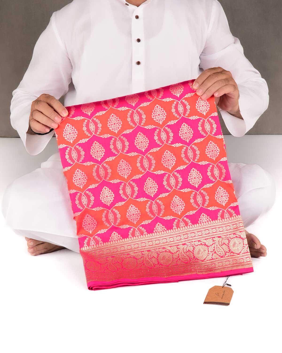 Pink Multi-color Rangkaat Style Gold Zari Jangla Cutwork Brocade Handwoven Katan Silk Banarasi Saree-HolyWeaves