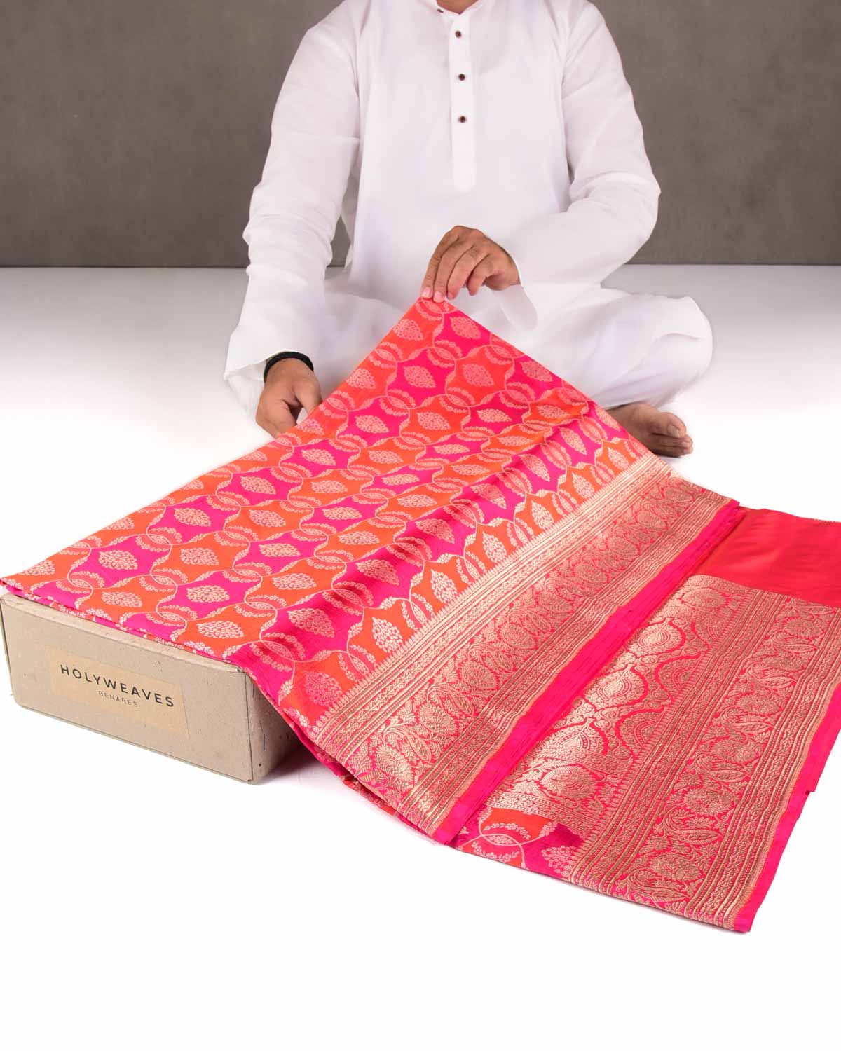 Pink Multi-color Rangkaat Style Gold Zari Jangla Cutwork Brocade Handwoven Katan Silk Banarasi Saree-HolyWeaves
