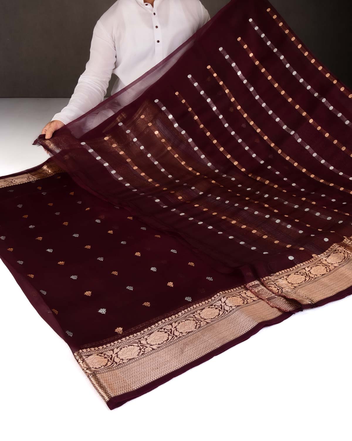 Mahogany Gold & Silver Zari Buti Kadhuan Brocade Handwoven Kora Silk Banarasi Saree