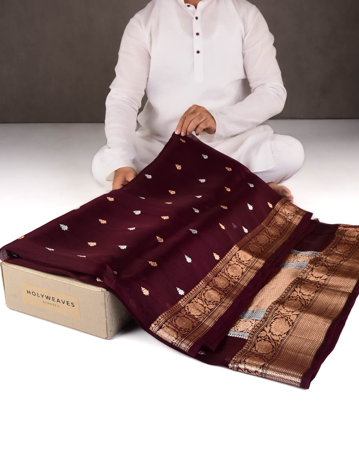 Mahogany Gold & Silver Zari Buti Kadhuan Brocade Handwoven Kora Silk Banarasi Saree