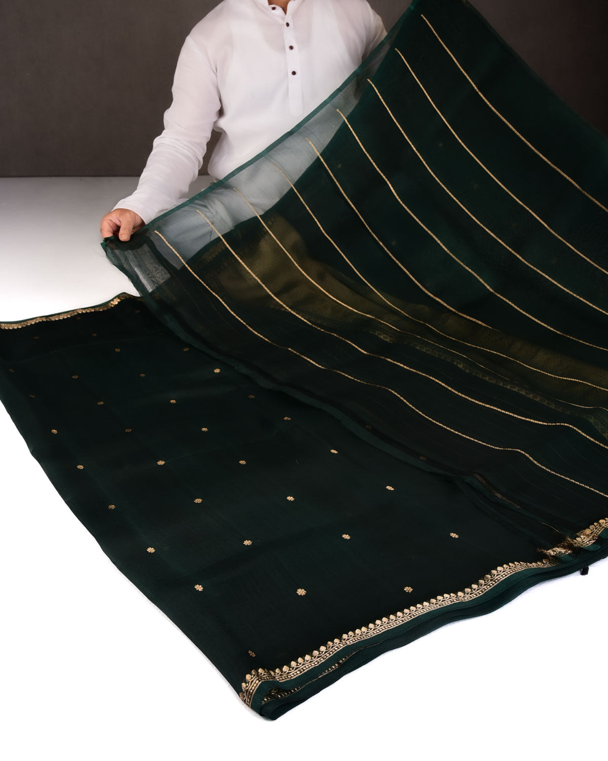 Midnight Green Gold Zari Kadhuan Buti Kadhuan Brocade Handwoven Kora Silk Banarasi Saree-HolyWeaves