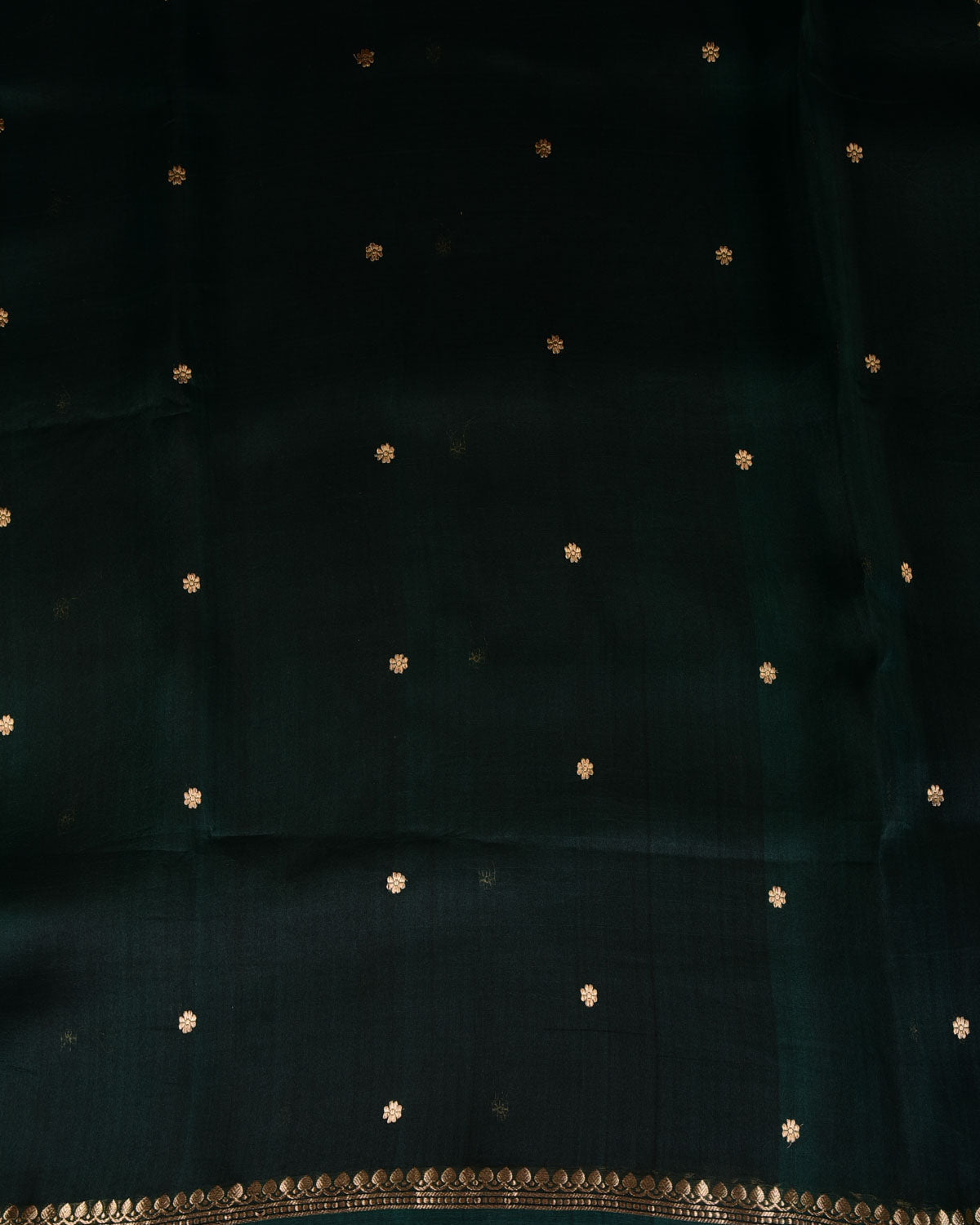 Midnight Green Gold Zari Kadhuan Buti Kadhuan Brocade Handwoven Kora Silk Banarasi Saree-HolyWeaves