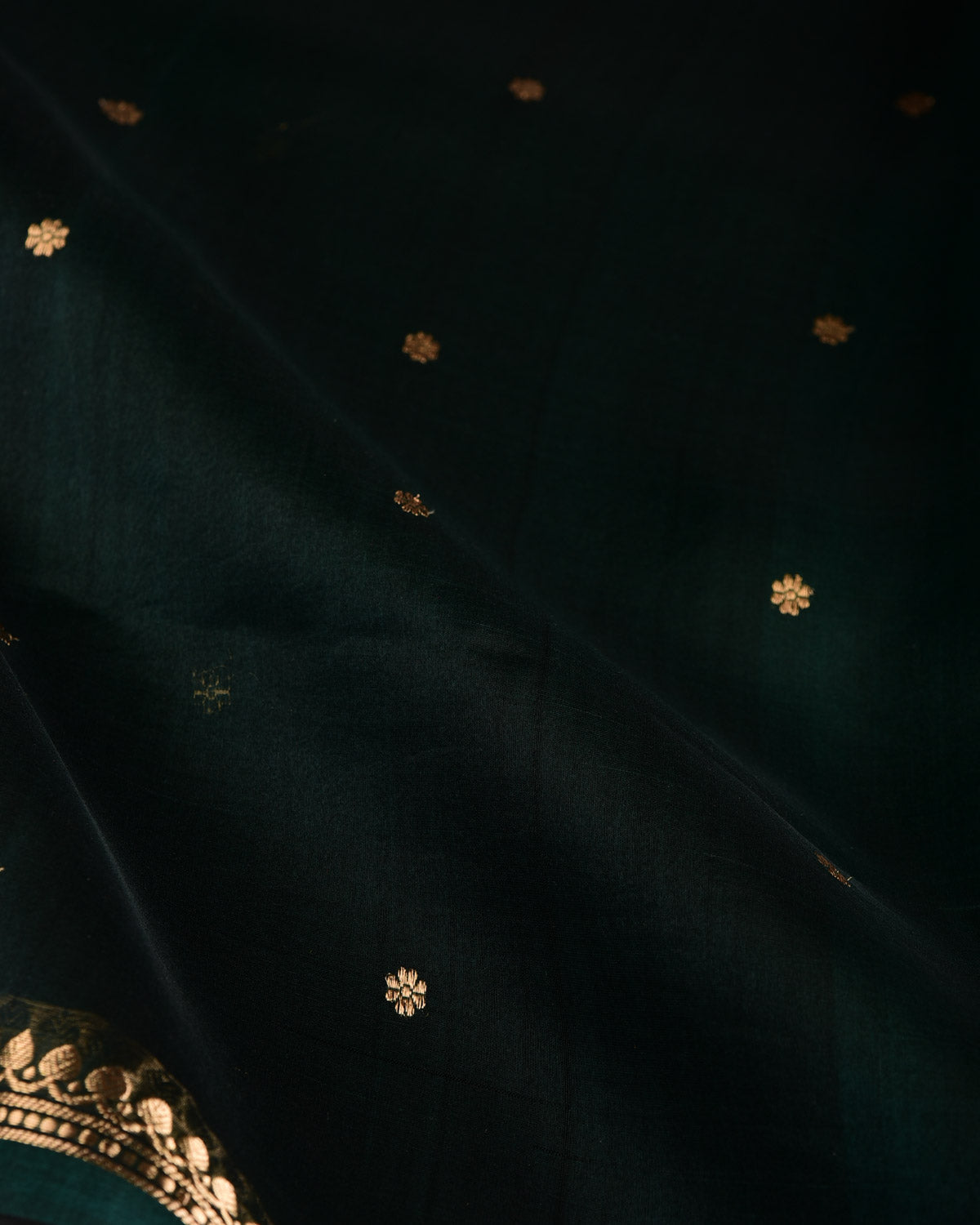 Midnight Green Gold Zari Kadhuan Buti Kadhuan Brocade Handwoven Kora Silk Banarasi Saree-HolyWeaves