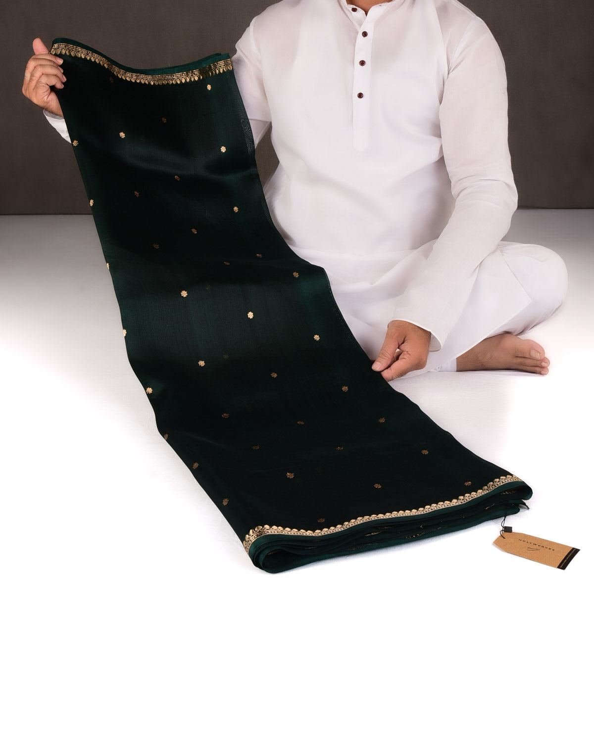 Midnight Green Gold Zari Kadhuan Buti Kadhuan Brocade Handwoven Kora Silk Banarasi Saree-HolyWeaves