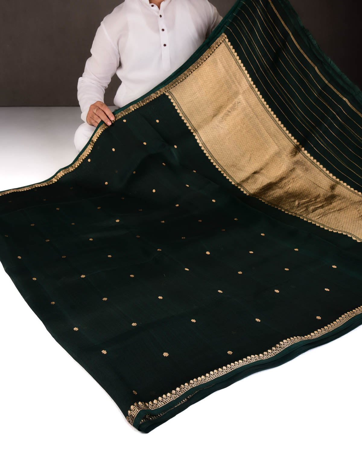 Midnight Green Gold Zari Kadhuan Buti Kadhuan Brocade Handwoven Kora Silk Banarasi Saree-HolyWeaves