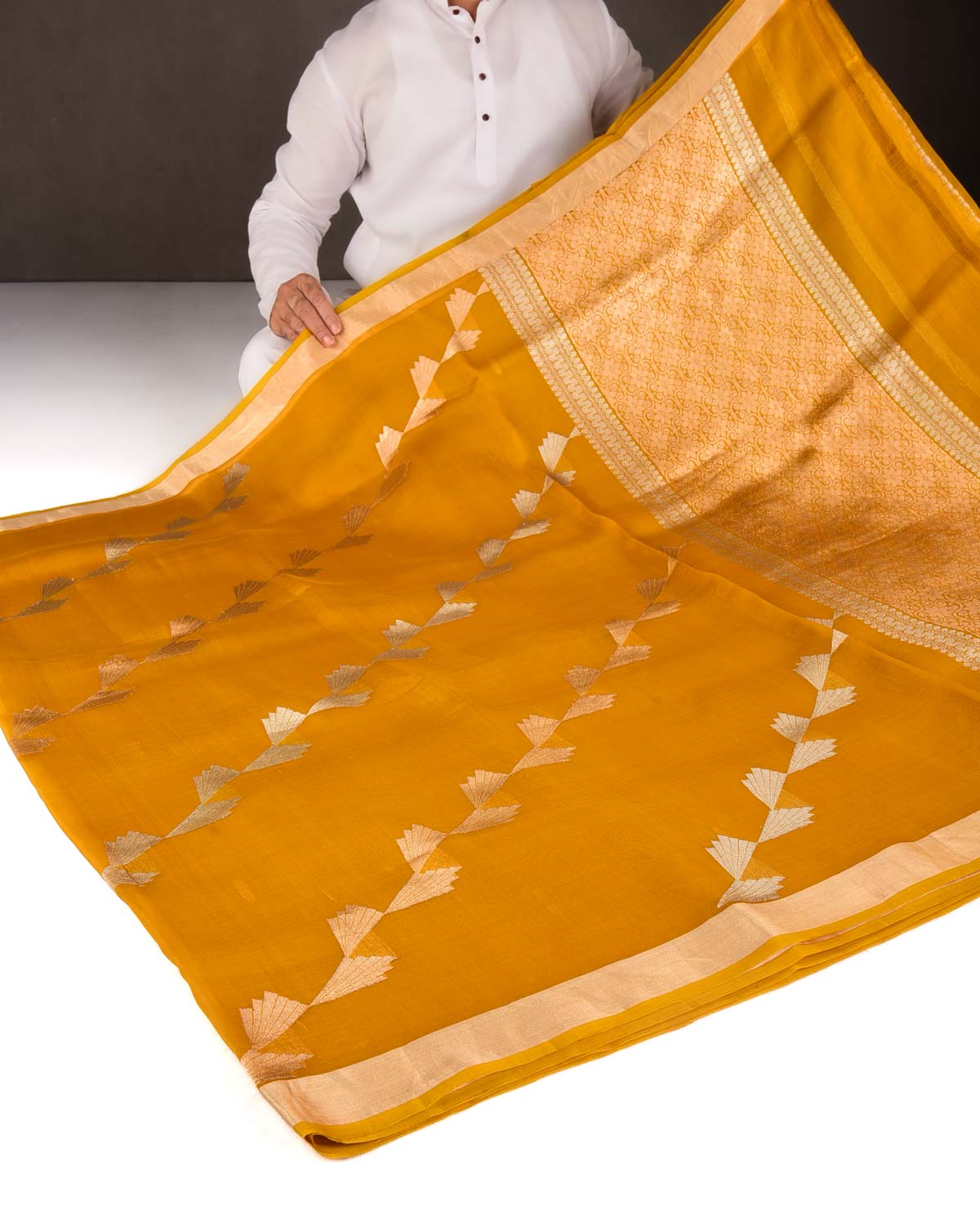 Mustard Yellow Gold & Silver Zari Wings Kadhuan Brocade Handwoven Kora Silk Banarasi Saree-HolyWeaves