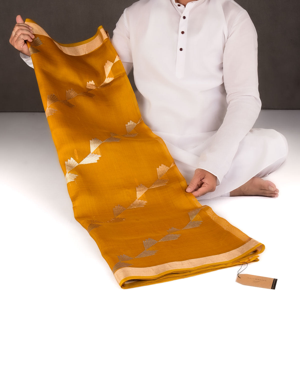 Mustard Yellow Gold & Silver Zari Wings Kadhuan Brocade Handwoven Kora Silk Banarasi Saree-HolyWeaves