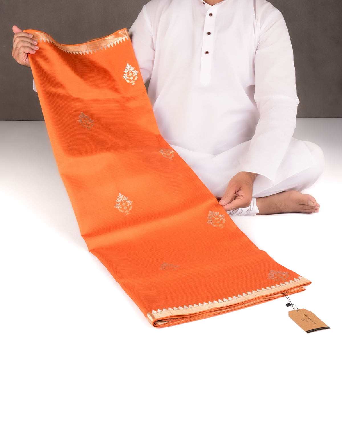 Orange Gold & Silver Zari Buti Kadhuan Brocade Handwoven Spun Silk Banarasi Saree-HolyWeaves