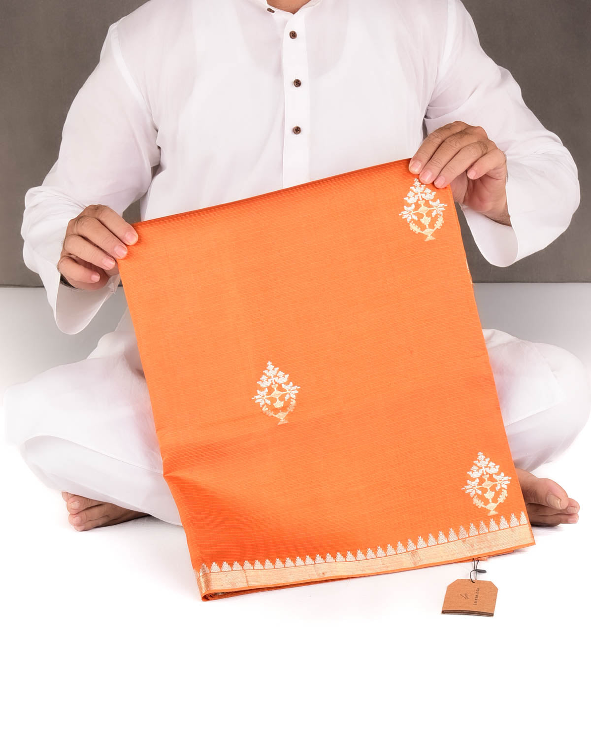 Orange Gold & Silver Zari Buti Kadhuan Brocade Handwoven Spun Silk Banarasi Saree-HolyWeaves