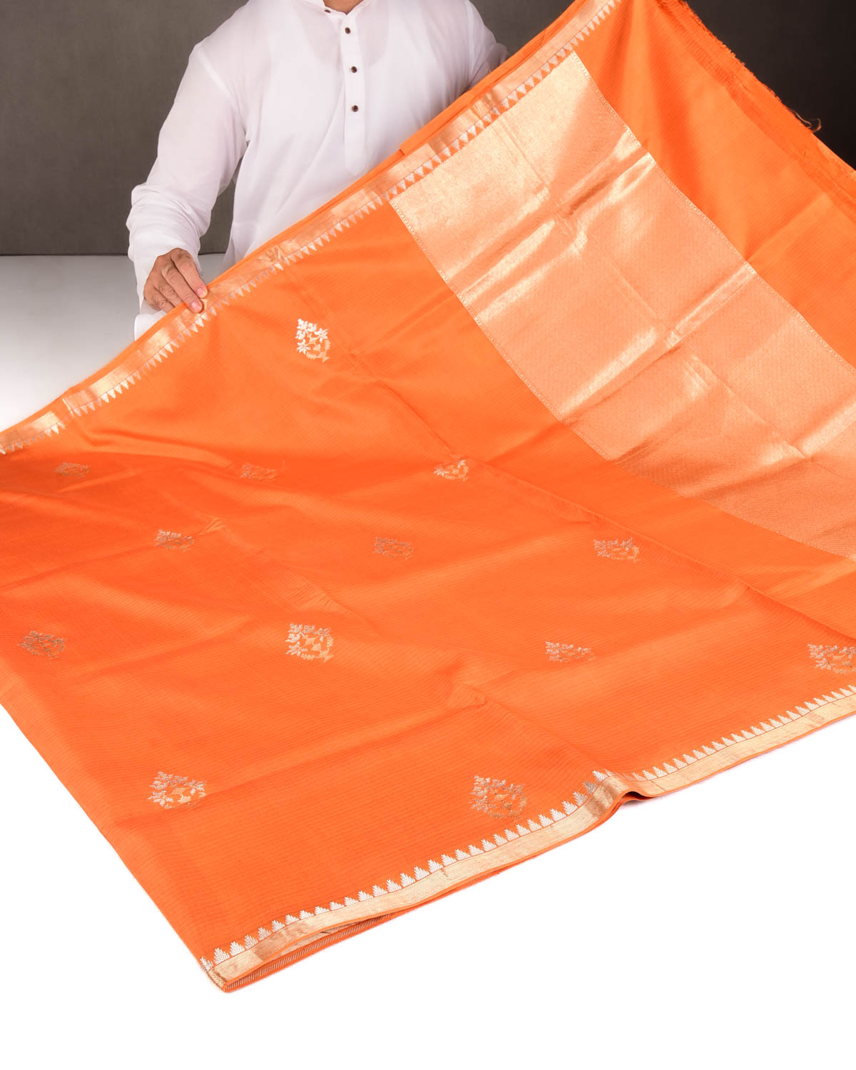Orange Gold & Silver Zari Buti Kadhuan Brocade Handwoven Spun Silk Banarasi Saree-HolyWeaves
