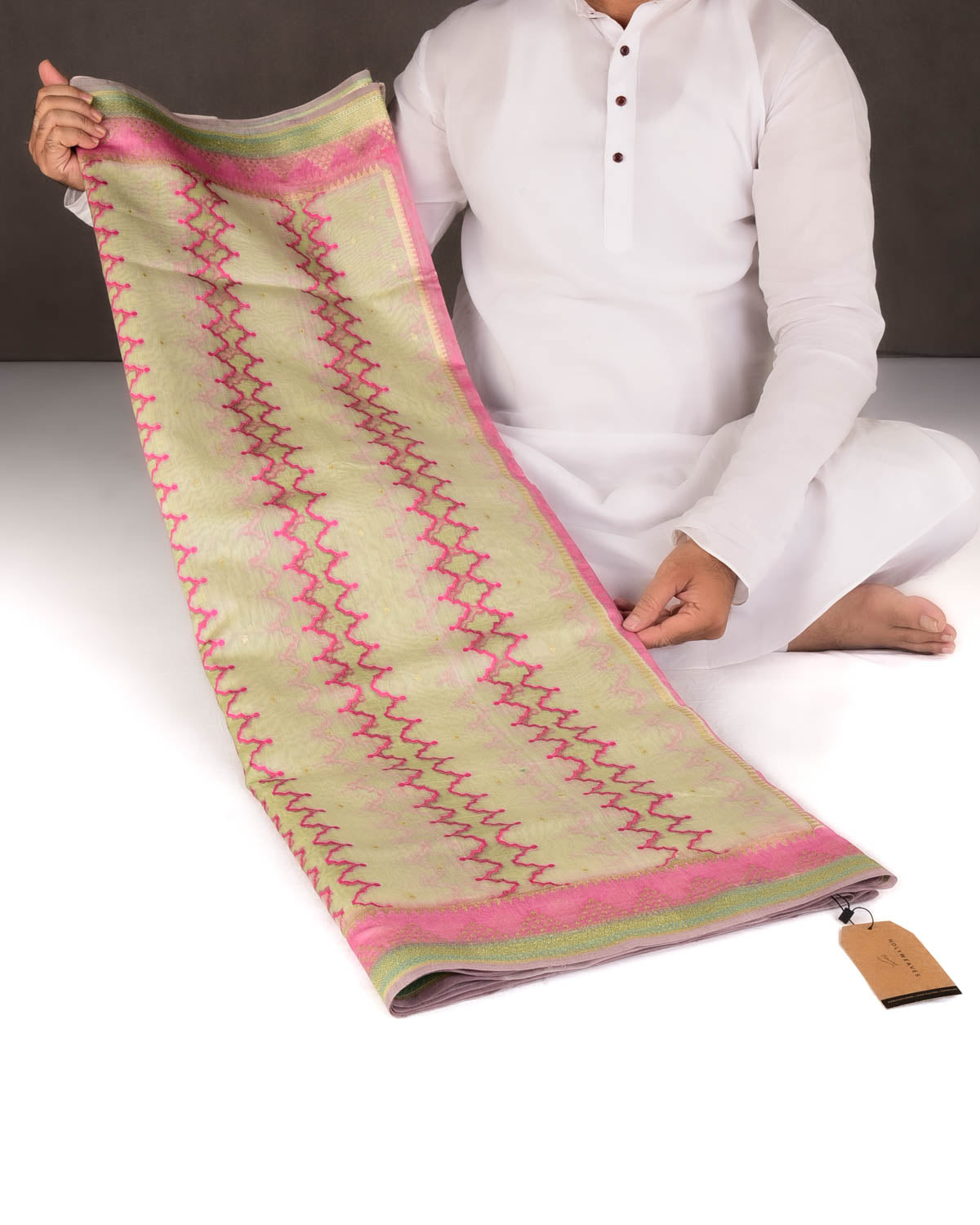 Green Translucent Rivers Cutwork Brocade Woven Cotton Silk Banarasi Saree with Contrast Dye Border Pallu-HolyWeaves