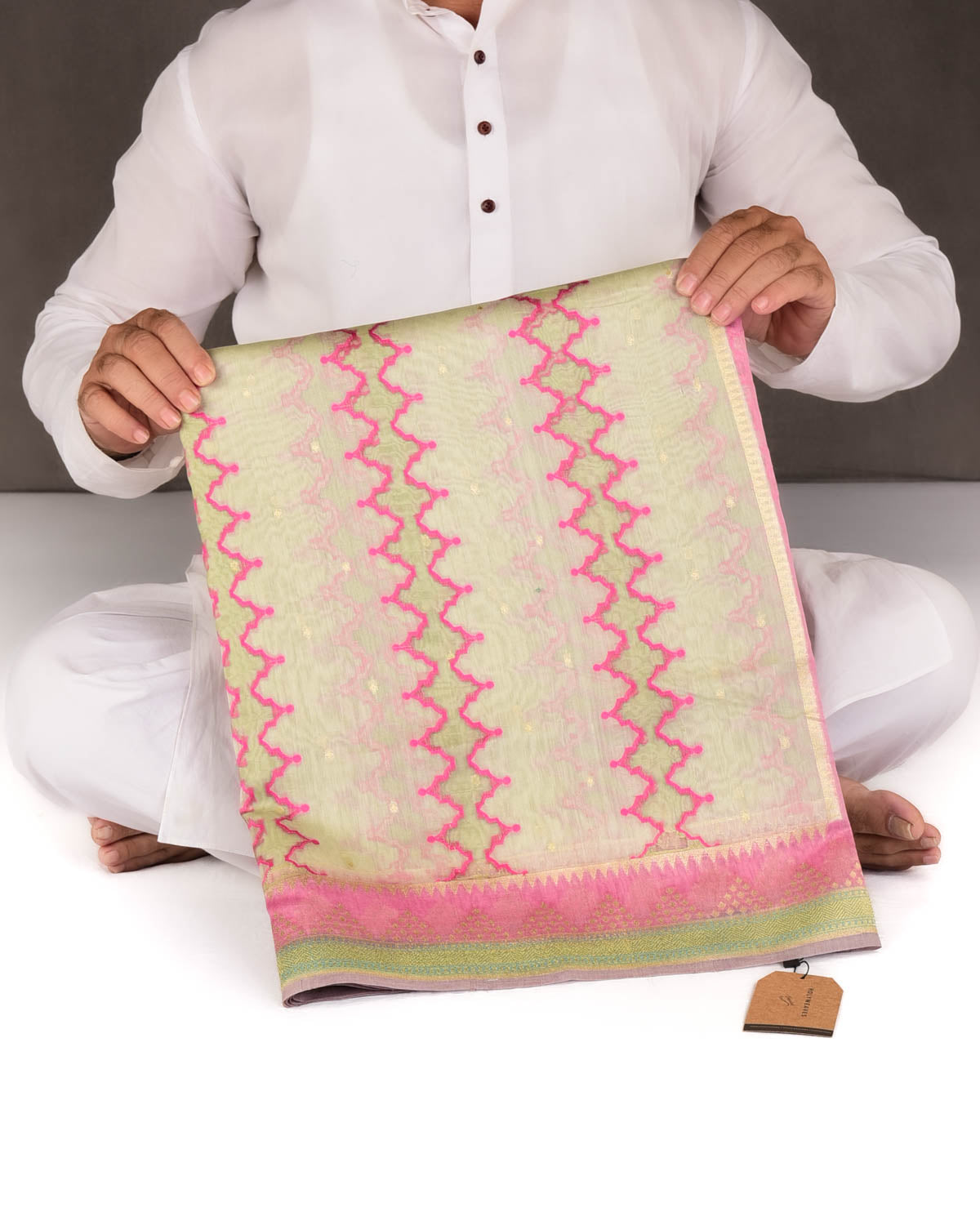 Green Translucent Rivers Cutwork Brocade Woven Cotton Silk Banarasi Saree with Contrast Dye Border Pallu-HolyWeaves
