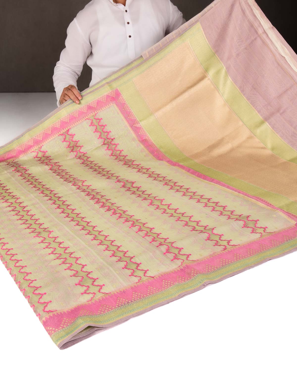 Green Translucent Rivers Cutwork Brocade Woven Cotton Silk Banarasi Saree with Contrast Dye Border Pallu-HolyWeaves