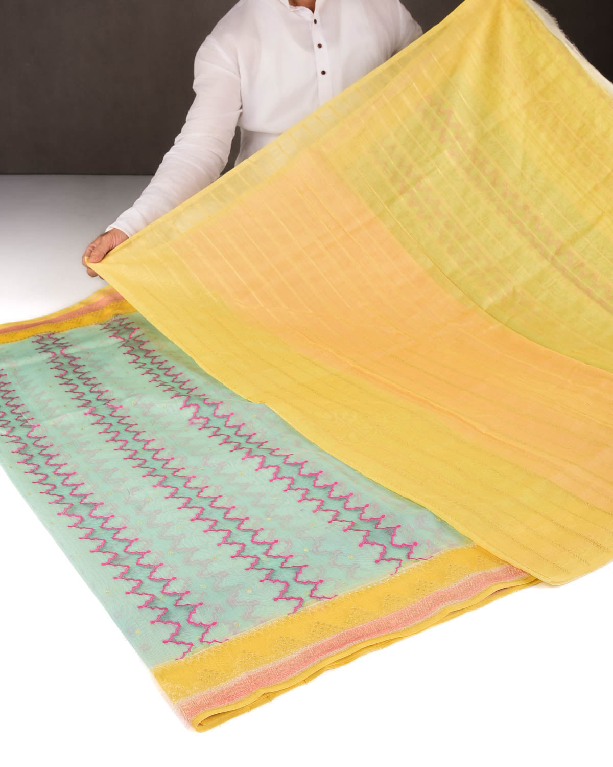 Blue Translucent Rivers Cutwork Brocade Woven Cotton Silk Banarasi Saree with Contrast Dye Border Pallu-HolyWeaves