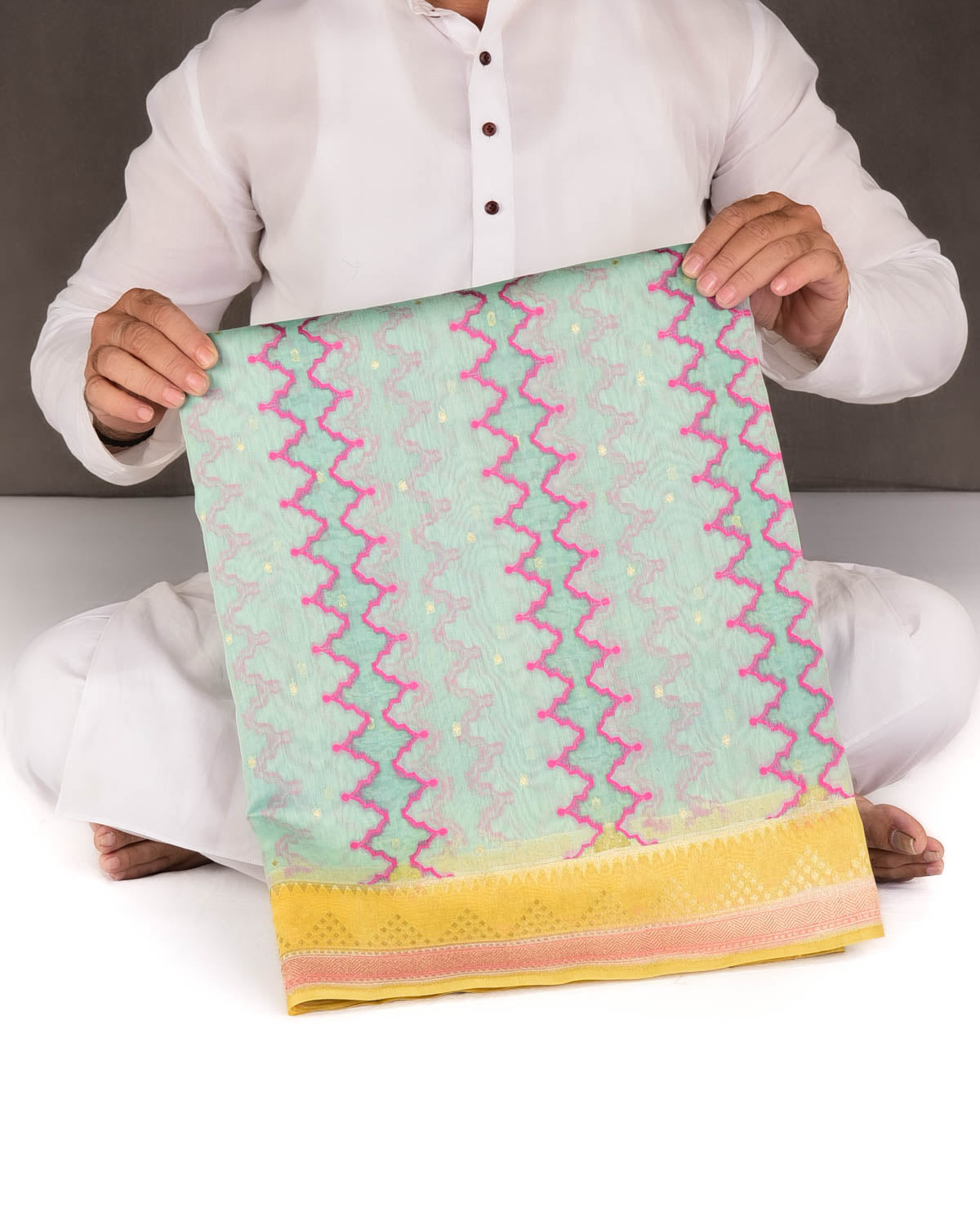 Blue Translucent Rivers Cutwork Brocade Woven Cotton Silk Banarasi Saree with Contrast Dye Border Pallu-HolyWeaves