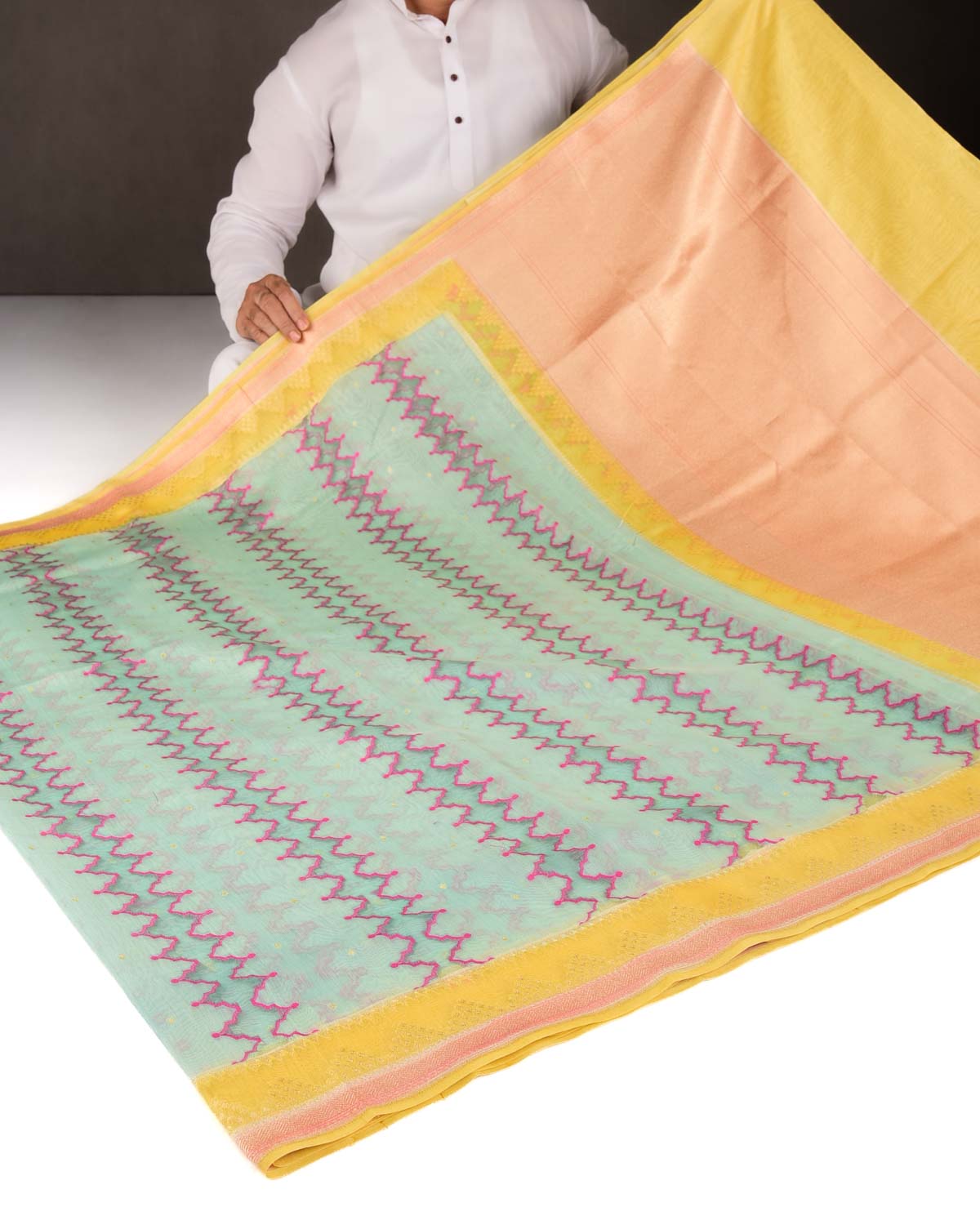 Blue Translucent Rivers Cutwork Brocade Woven Cotton Silk Banarasi Saree with Contrast Dye Border Pallu-HolyWeaves