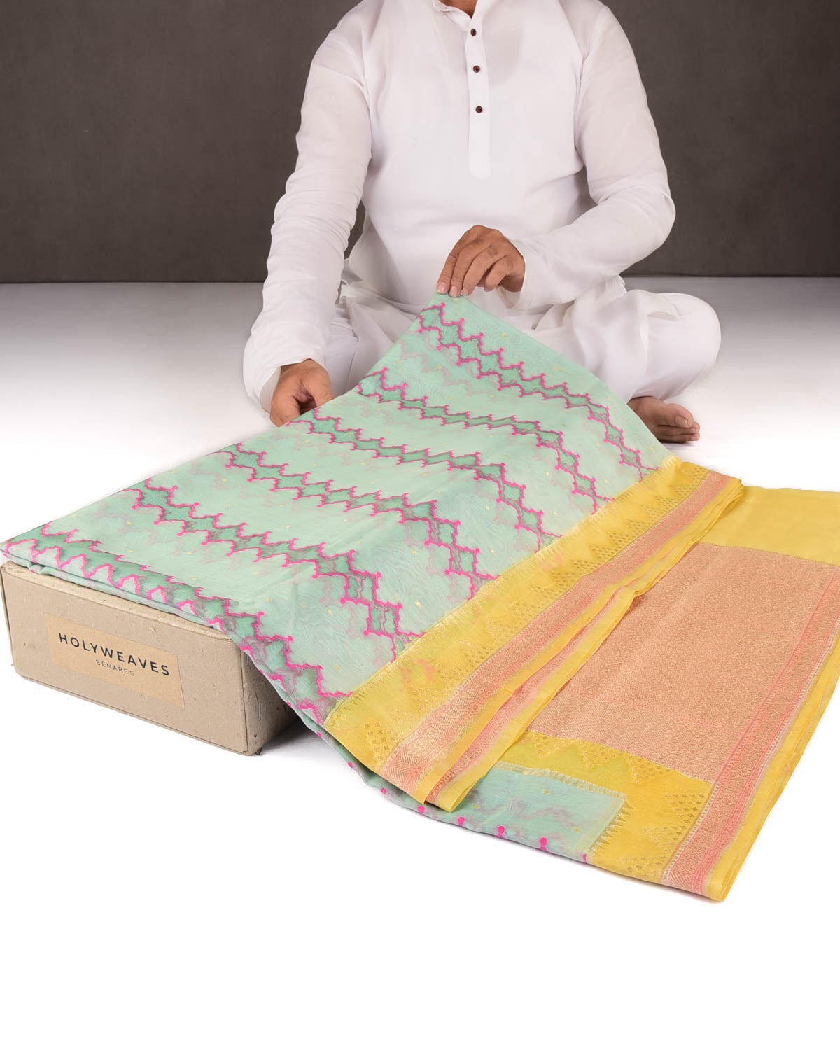 Blue Translucent Rivers Cutwork Brocade Woven Cotton Silk Banarasi Saree with Contrast Dye Border Pallu-HolyWeaves