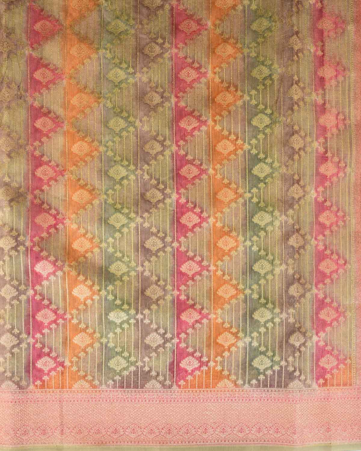 Multi-color Hand Brush Dye Cutwork Brocade Woven Cotton Tissue Banarasi Saree