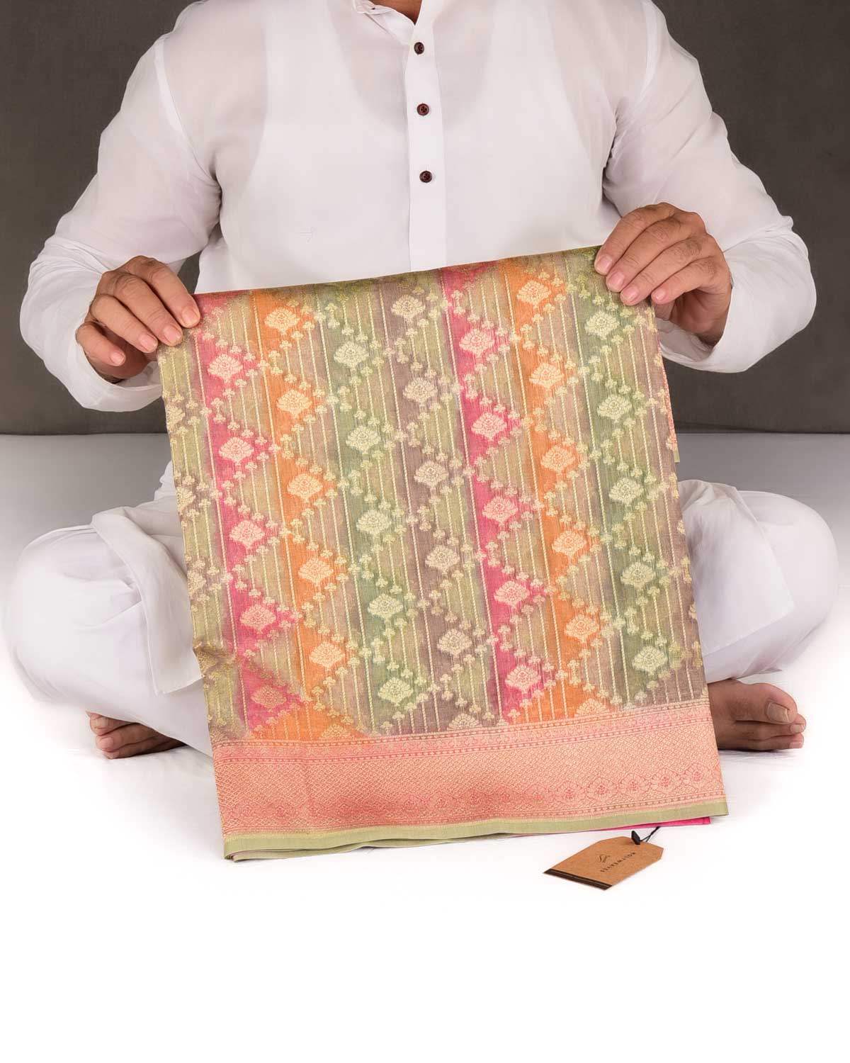 Multi-color Hand Brush Dye Cutwork Brocade Woven Cotton Tissue Banarasi Saree