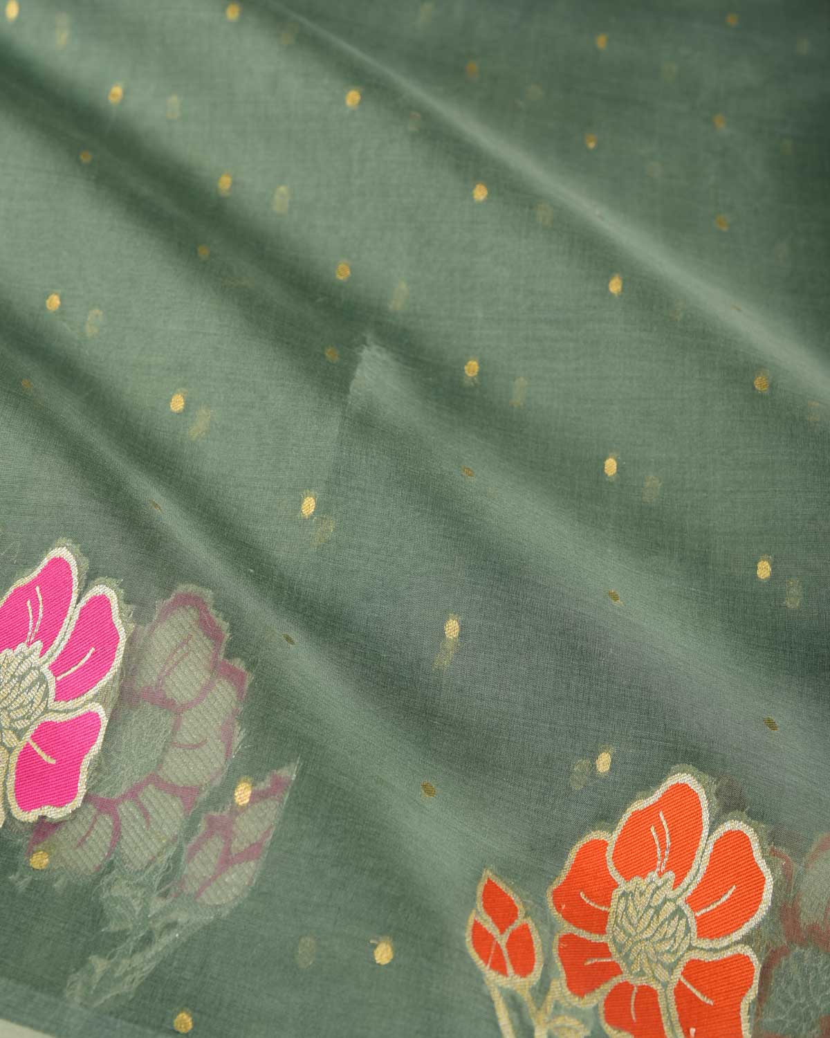 Gray Green Gold Zari Polka Buti And Floral Border Cutwork Brocade Woven Kora Silk Banarasi Saree