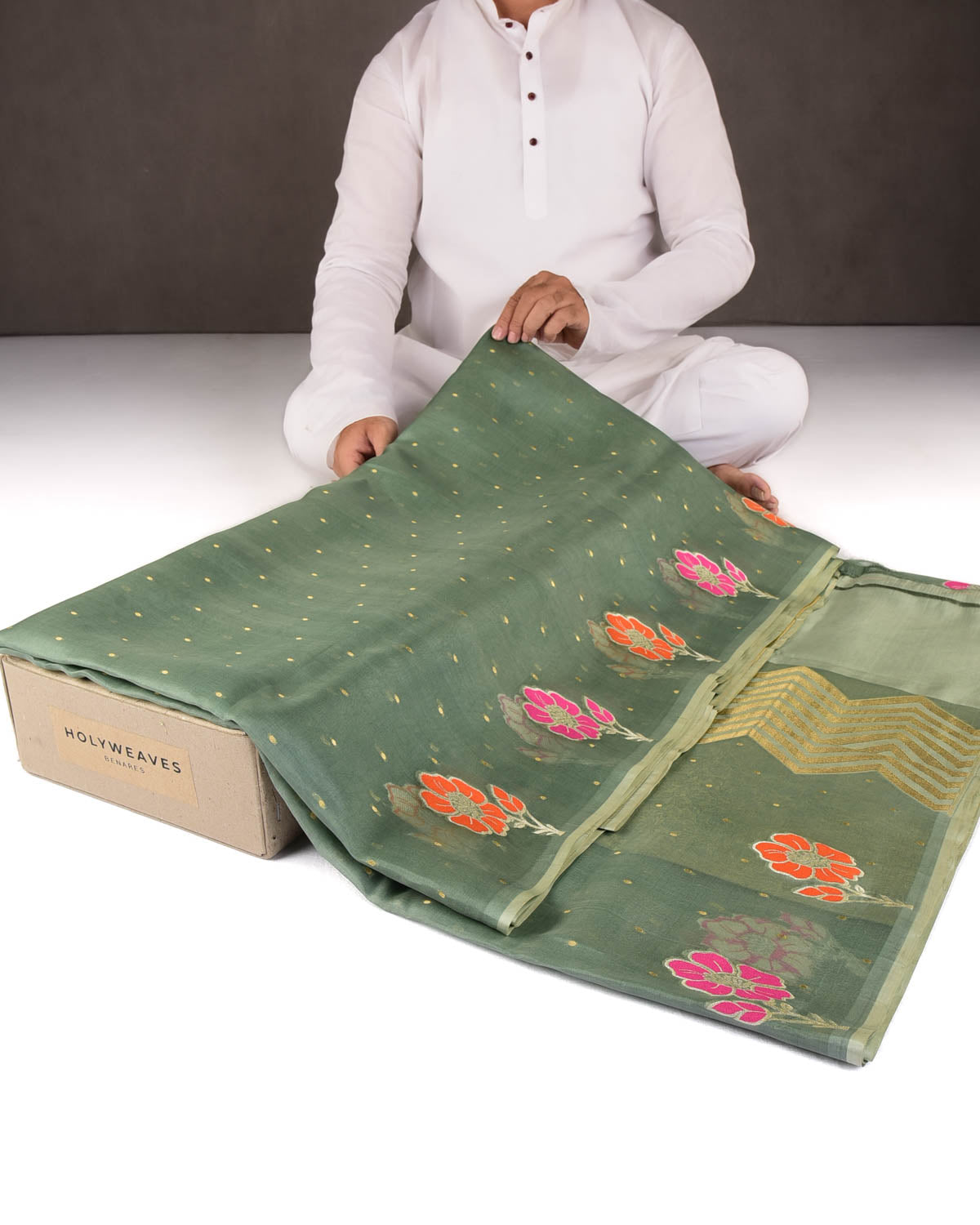 Gray Green Gold Zari Polka Buti And Floral Border Cutwork Brocade Woven Kora Silk Banarasi Saree