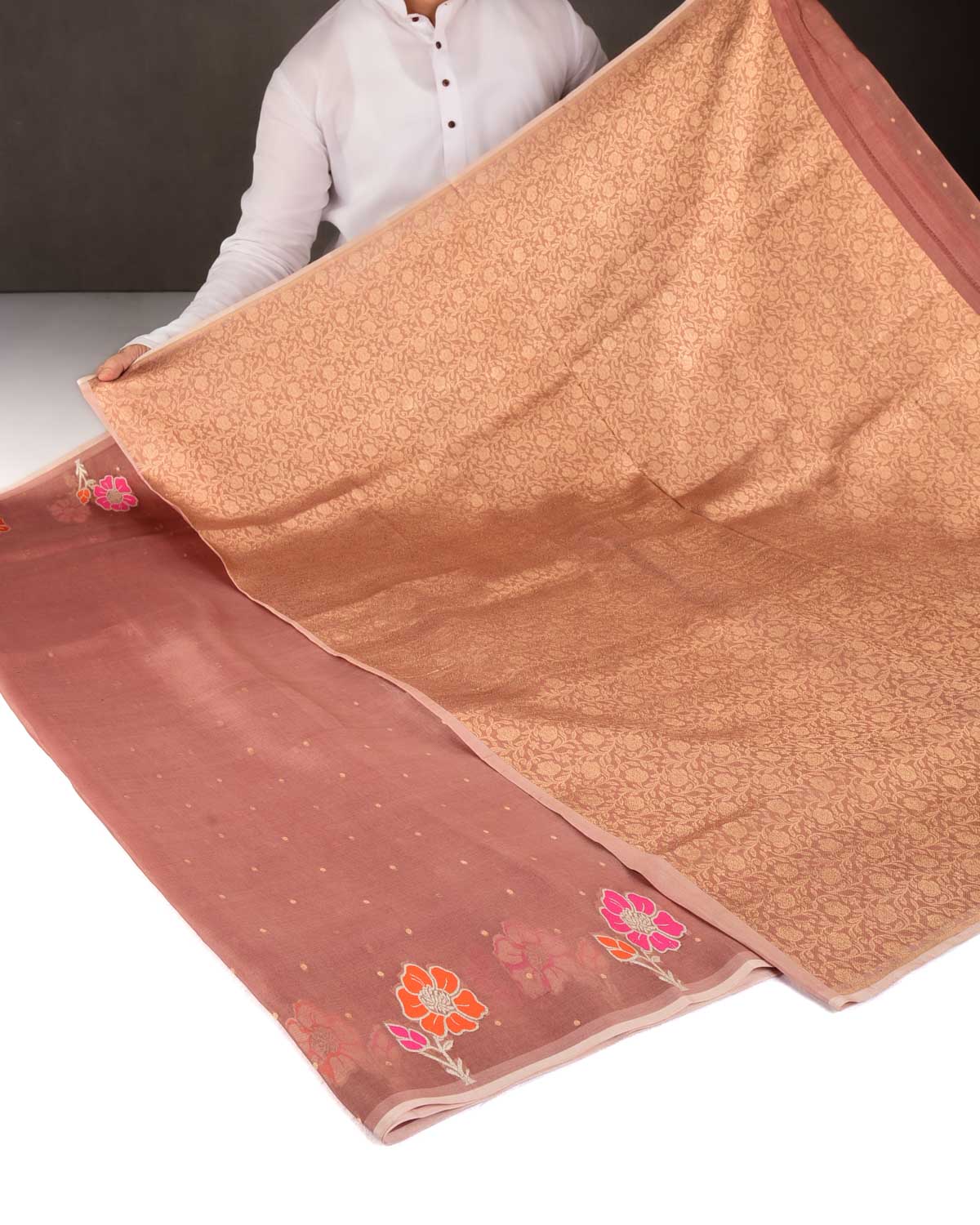 Garnet Gold Zari Polka Buti And Floral Border Cutwork Brocade Woven Kora Silk Banarasi Saree-HolyWeaves