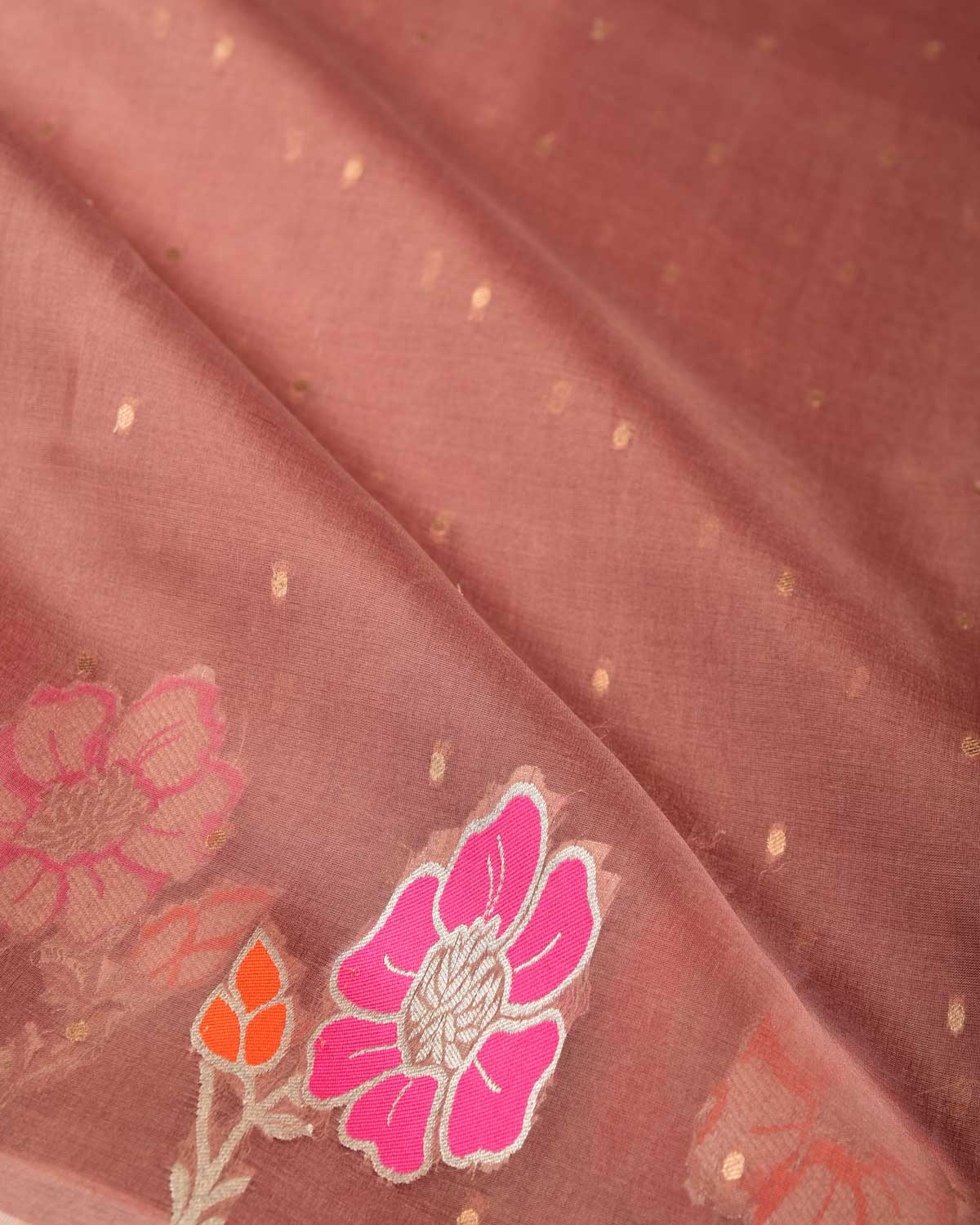 Garnet Gold Zari Polka Buti And Floral Border Cutwork Brocade Woven Kora Silk Banarasi Saree-HolyWeaves