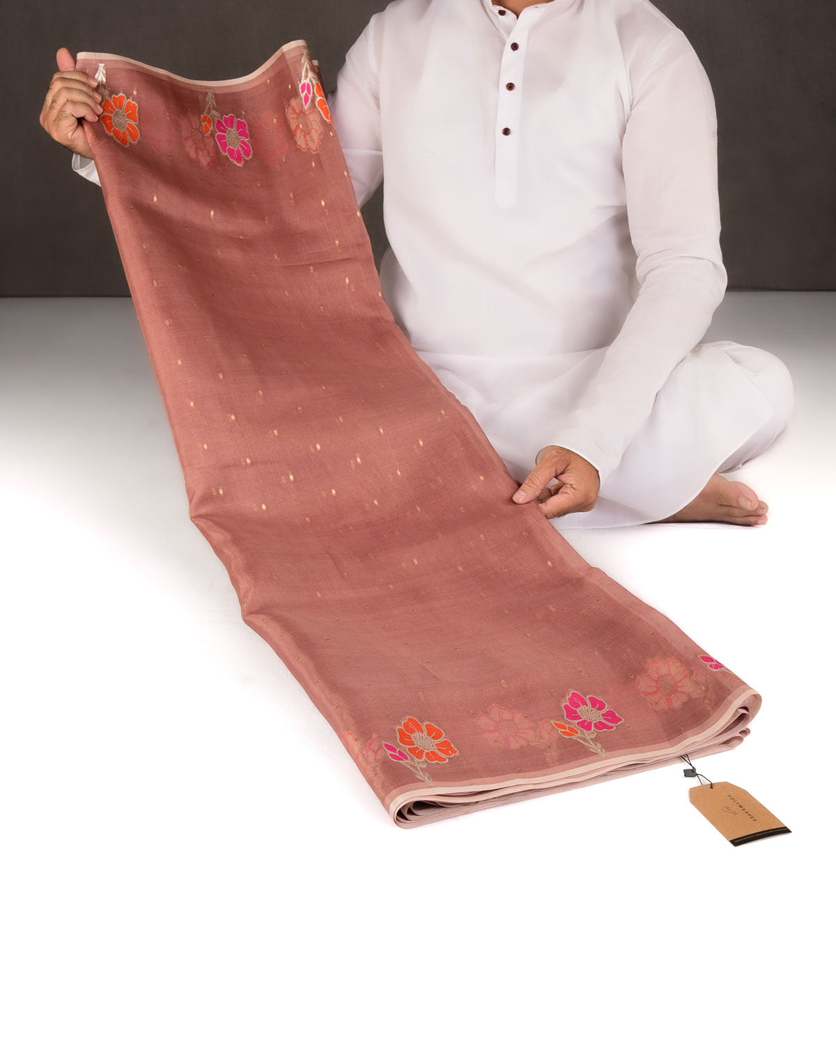 Garnet Gold Zari Polka Buti And Floral Border Cutwork Brocade Woven Kora Silk Banarasi Saree-HolyWeaves