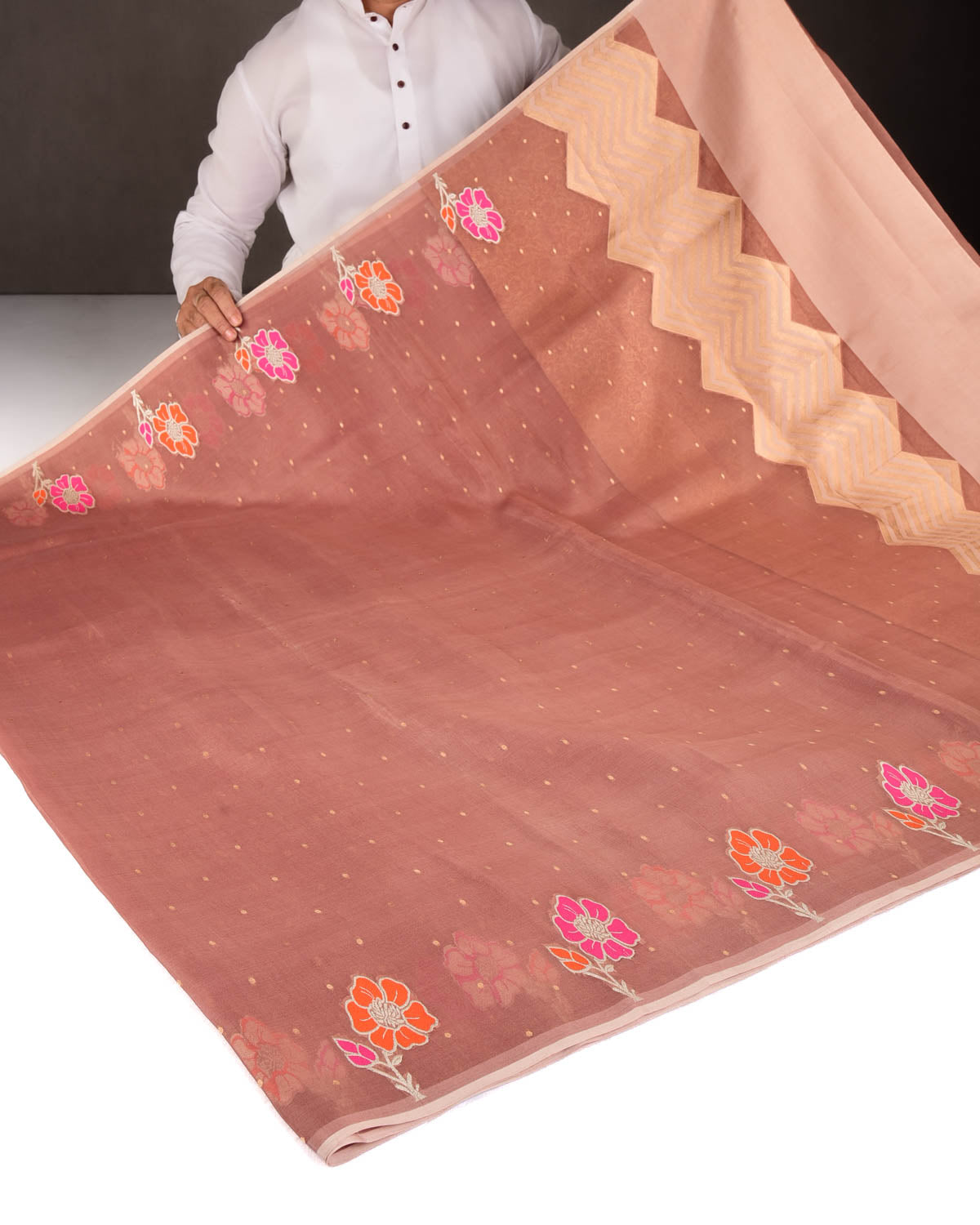 Garnet Gold Zari Polka Buti And Floral Border Cutwork Brocade Woven Kora Silk Banarasi Saree-HolyWeaves