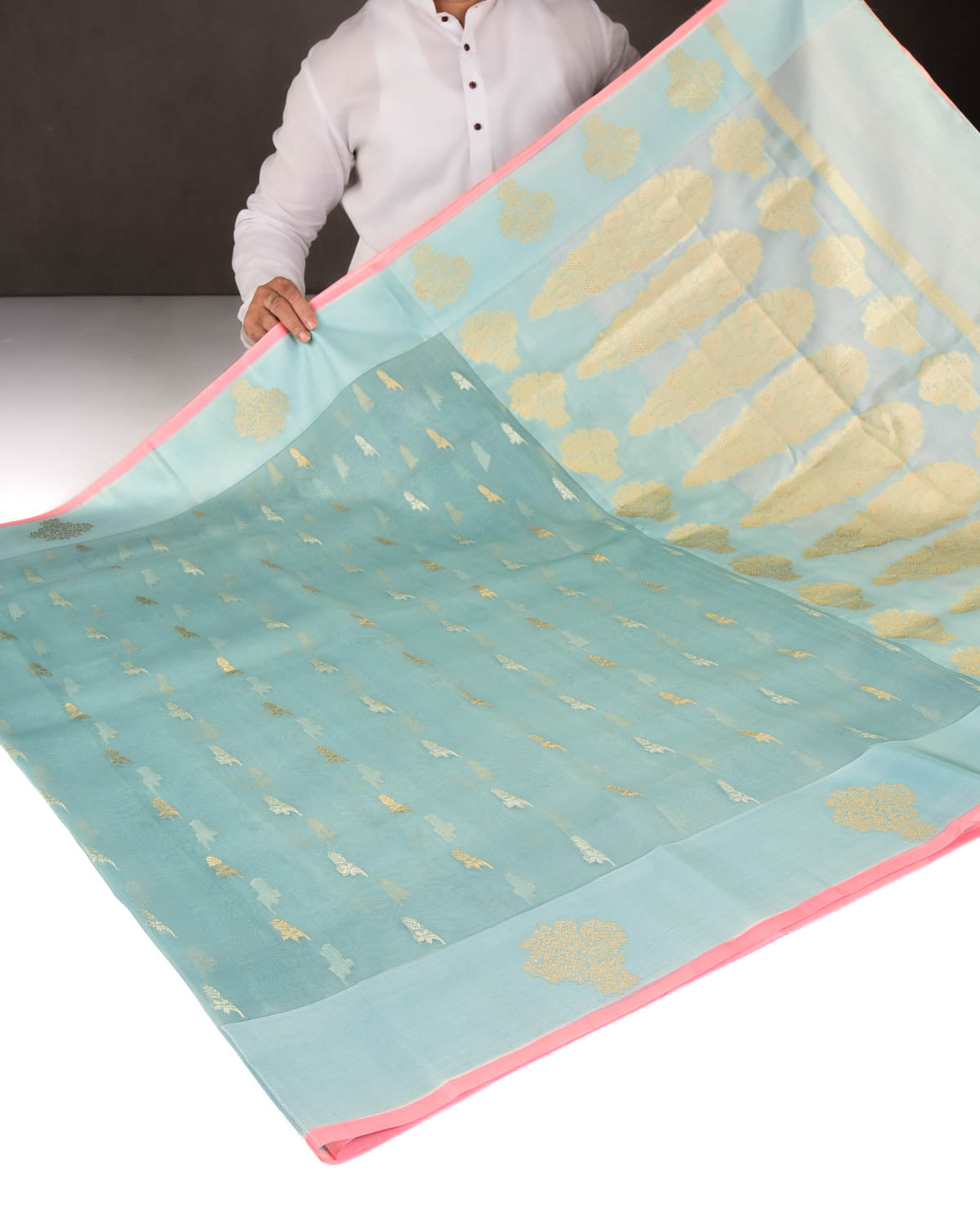 Powder Blue Gold & Silver Zari Buti Cutwork Brocade Woven Kora Silk Banarasi Saree