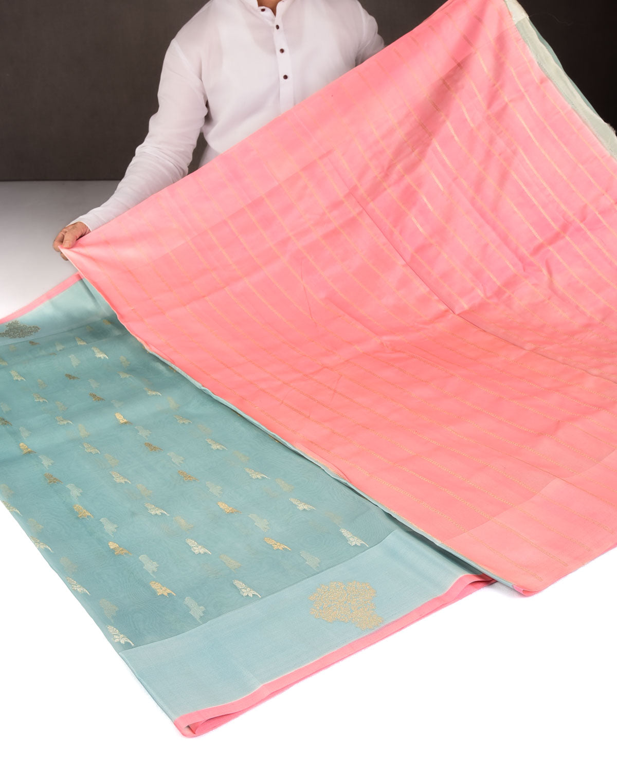 Powder Blue Gold & Silver Zari Buti Cutwork Brocade Woven Kora Silk Banarasi Saree
