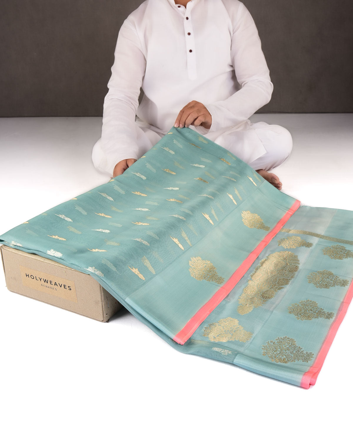 Powder Blue Gold & Silver Zari Buti Cutwork Brocade Woven Kora Silk Banarasi Saree