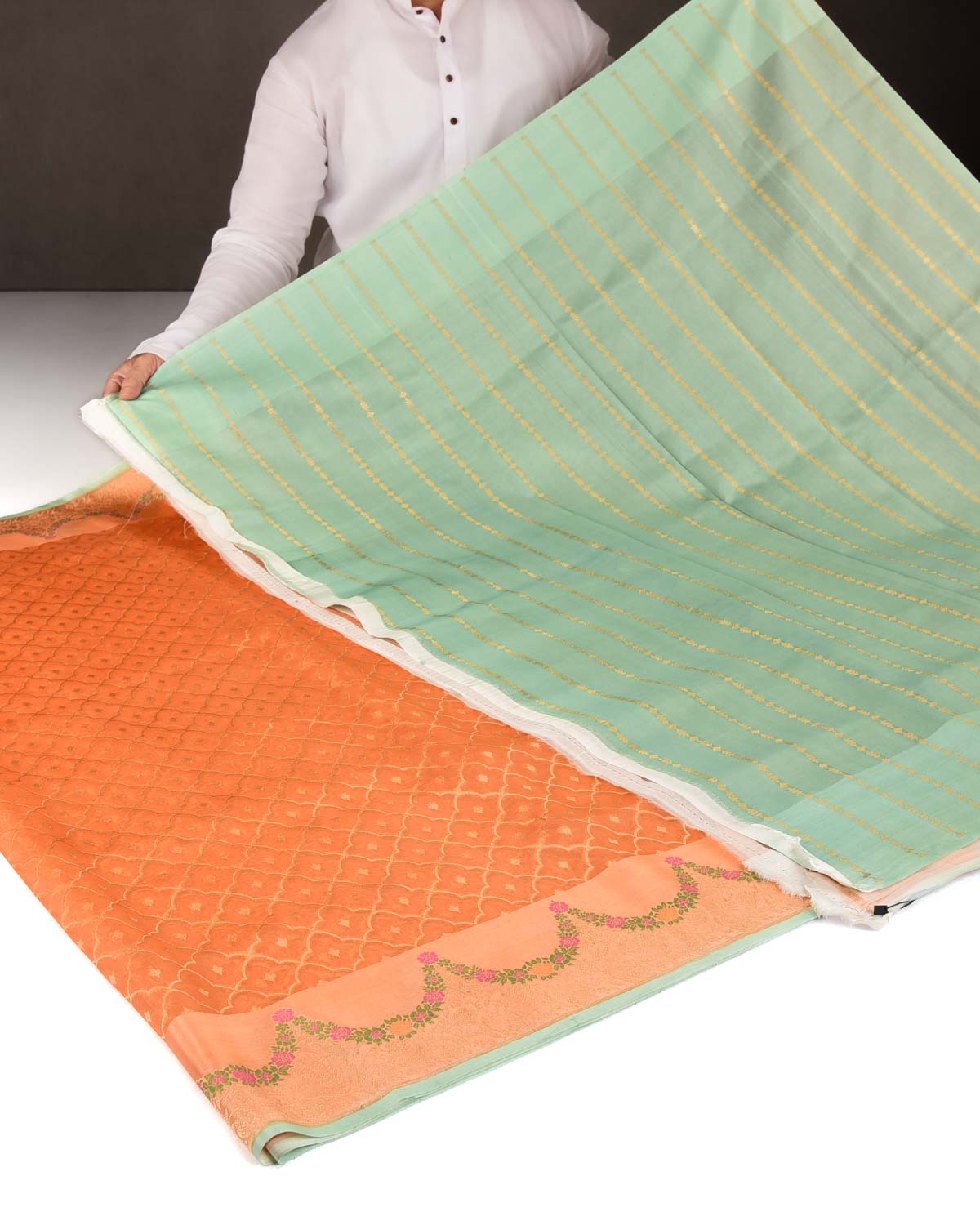 Orange Gold Zari Jangla Cutwork Brocade Woven Kora Silk Banarasi Saree-HolyWeaves
