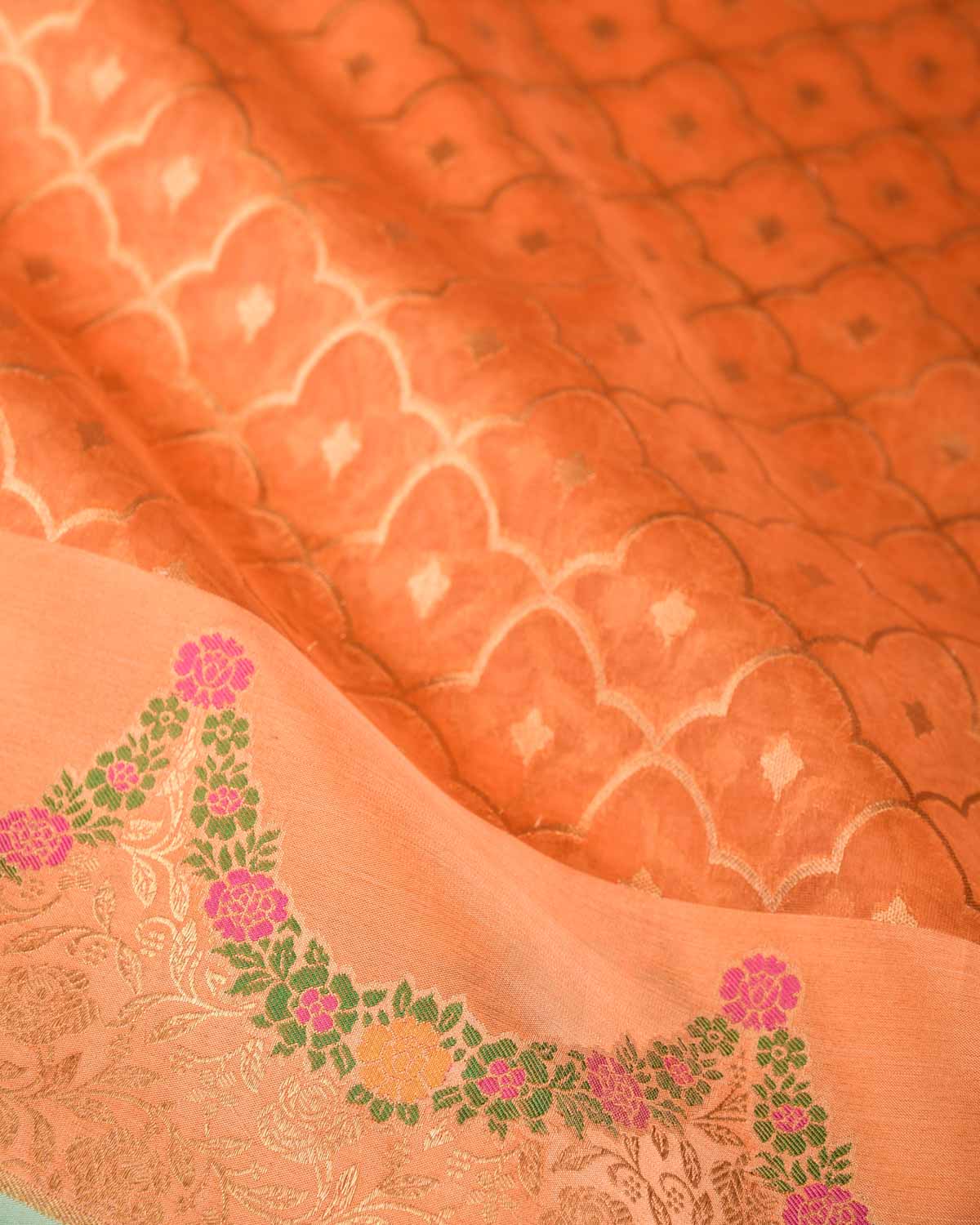 Orange Gold Zari Jangla Cutwork Brocade Woven Kora Silk Banarasi Saree-HolyWeaves
