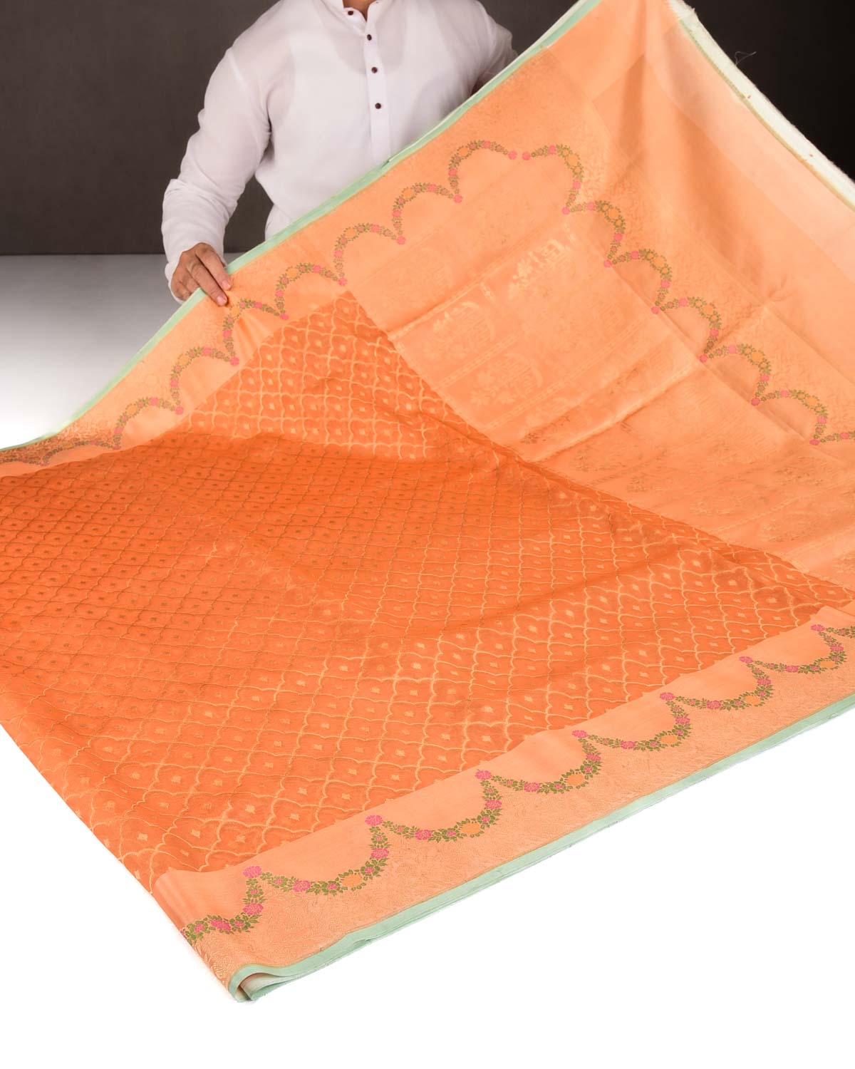 Orange Gold Zari Jangla Cutwork Brocade Woven Kora Silk Banarasi Saree-HolyWeaves